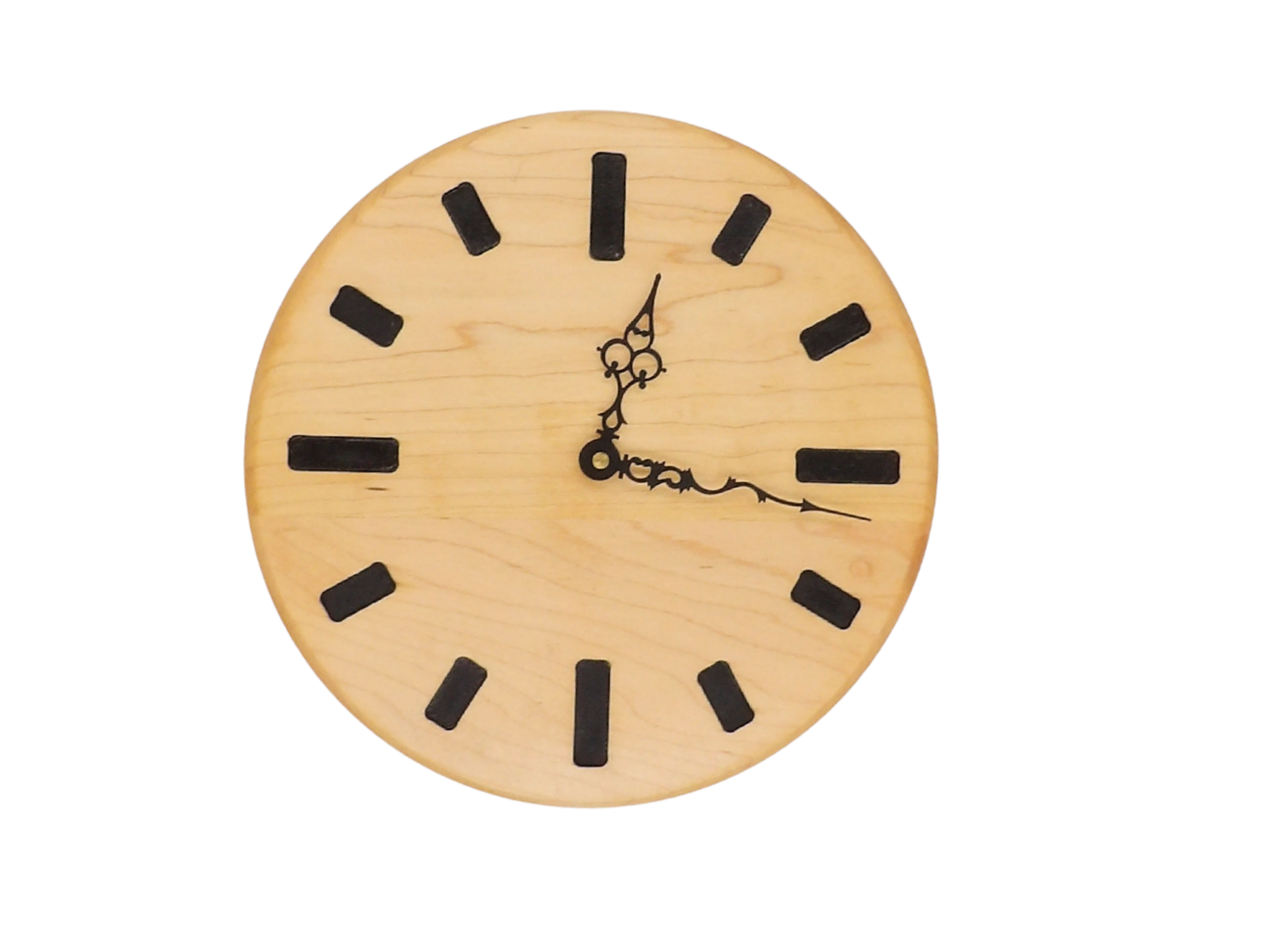 round maple Wooden clock with black rectangle hour markers and serpentine hands