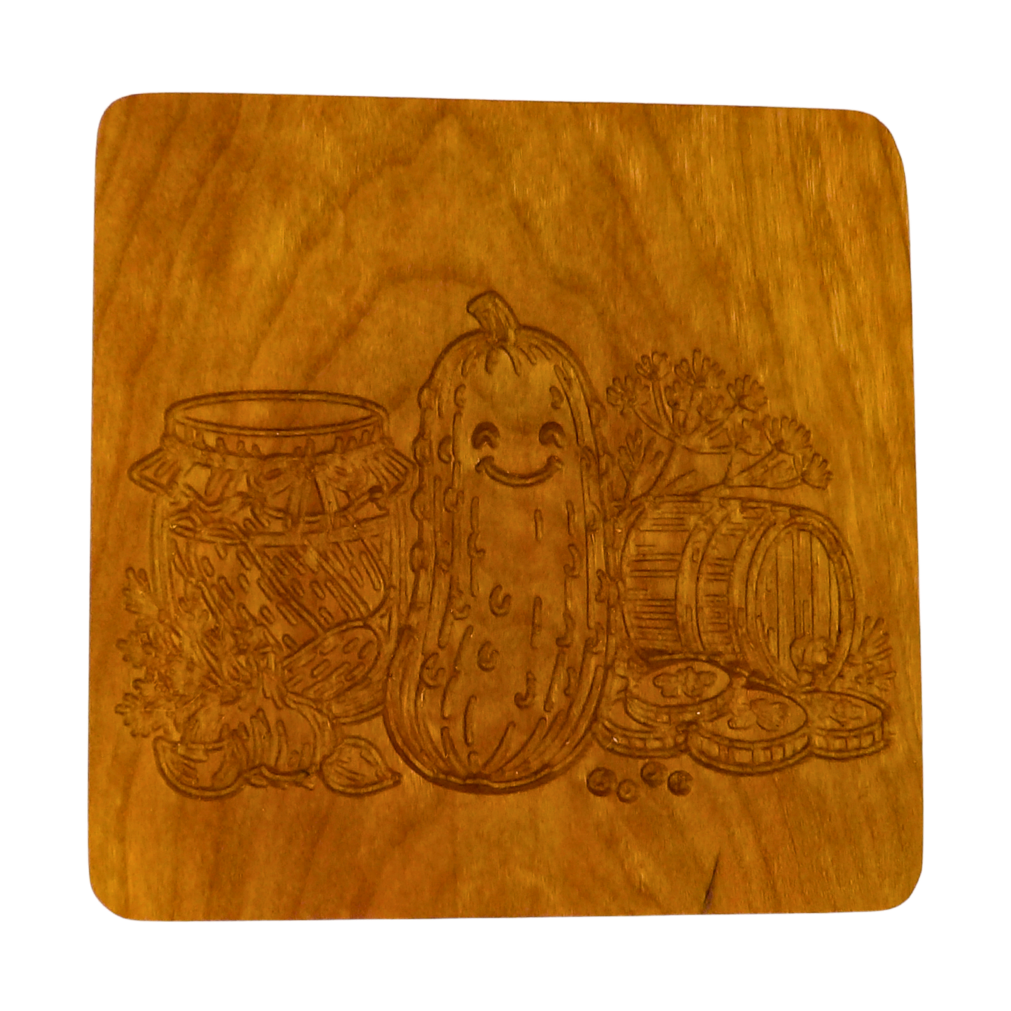 Wooden coaster with pickle design
