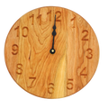 round cherry wooden wall clock with black spade hands and carved numbers