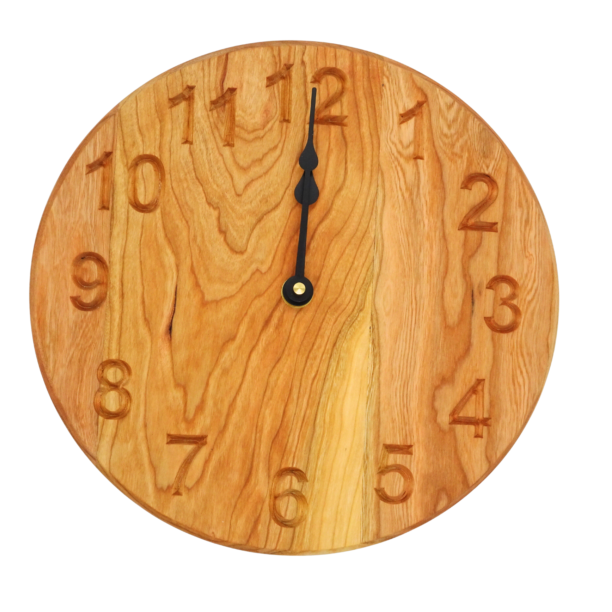 round cherry wooden wall clock with black spade hands and carved numbers