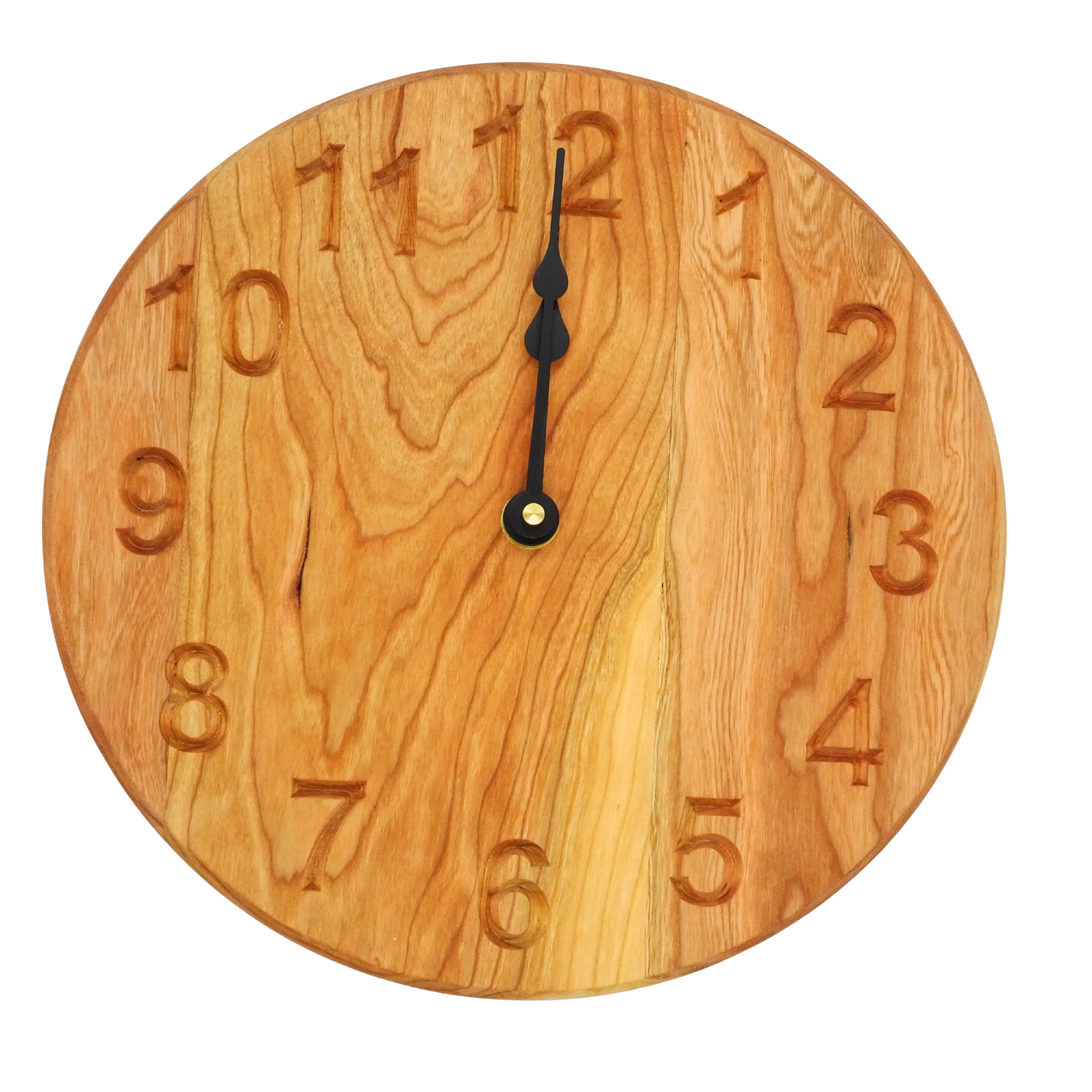 round cherry wooden wall clock with black spade hands and carved numbers