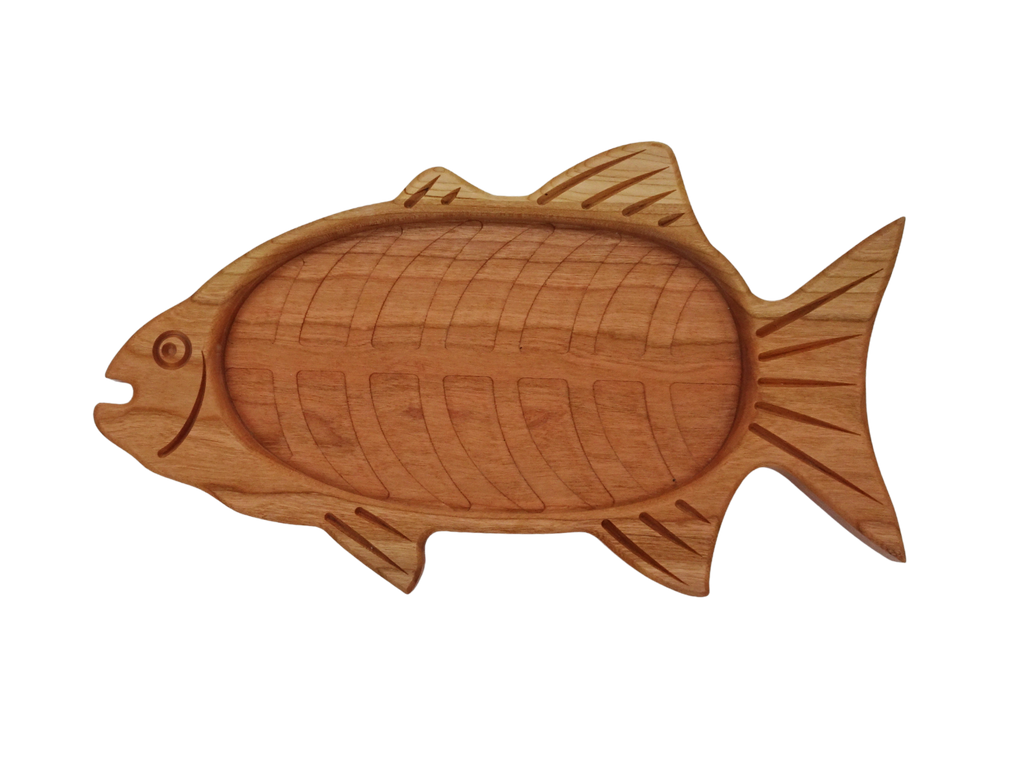 cherry wooden fish-shaped tray with carved bones and fins