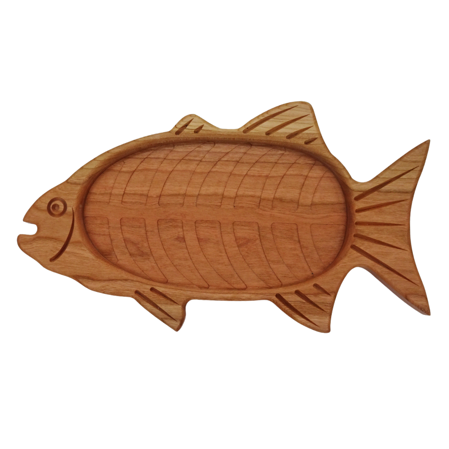 cherry wooden fish-shaped tray with carved bones and fins
