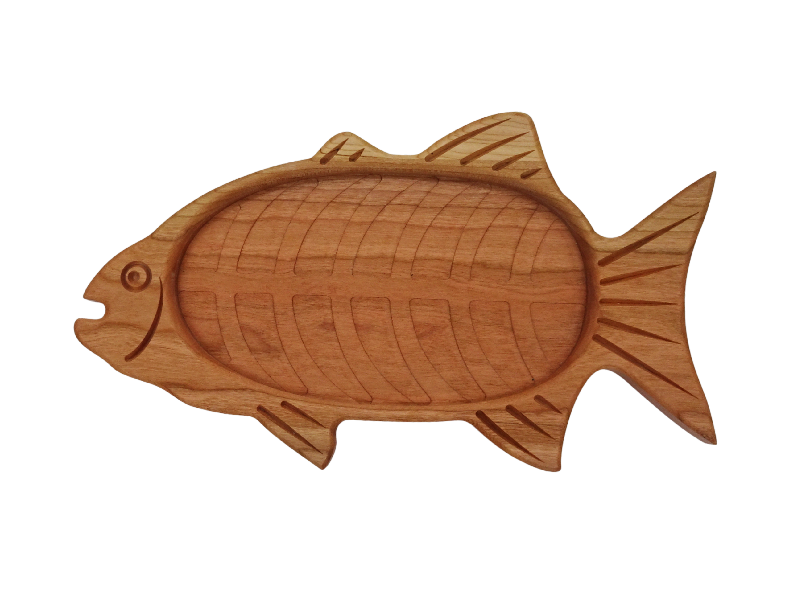 cherry wooden fish-shaped tray with carved bones and fins