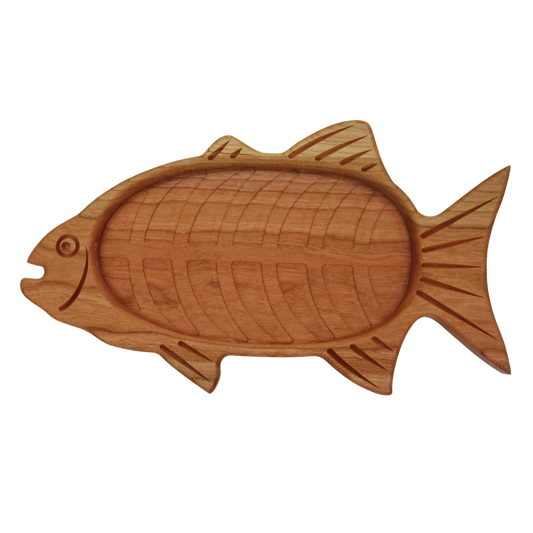 cherry wooden fish-shaped tray with carved bones and fins
