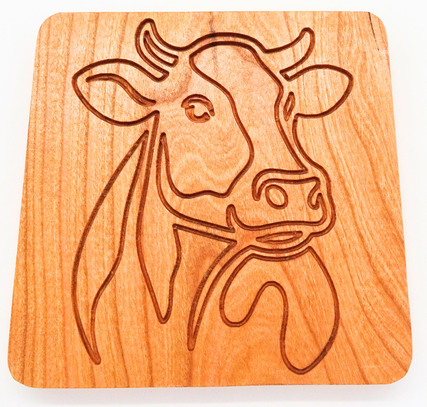square cherry Wooden coaster with engraved cow design