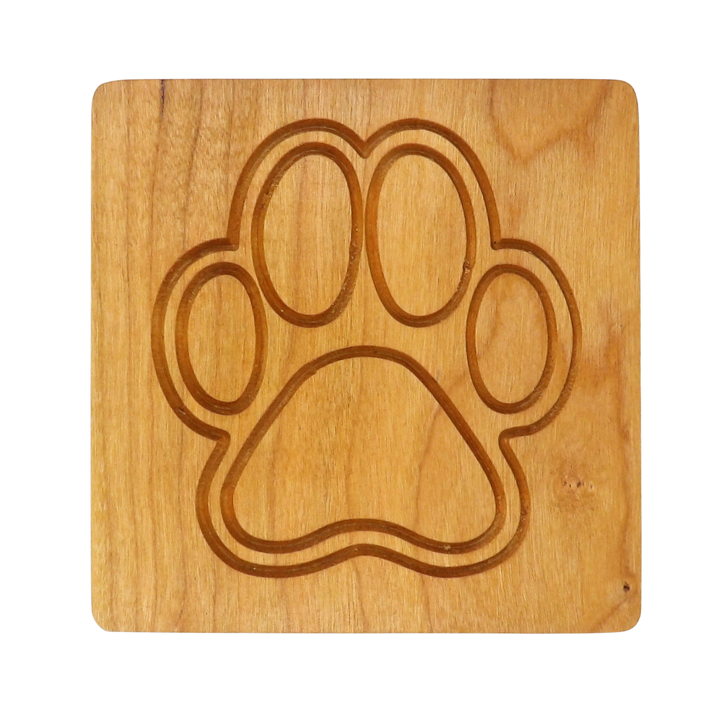 Cherry Wooden coaster with a paw print design on a white background