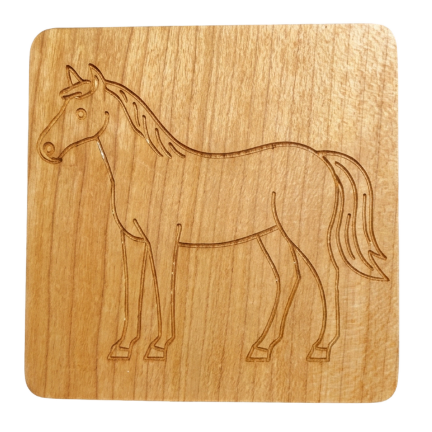 Wooden coaster with horse engraving on a white background