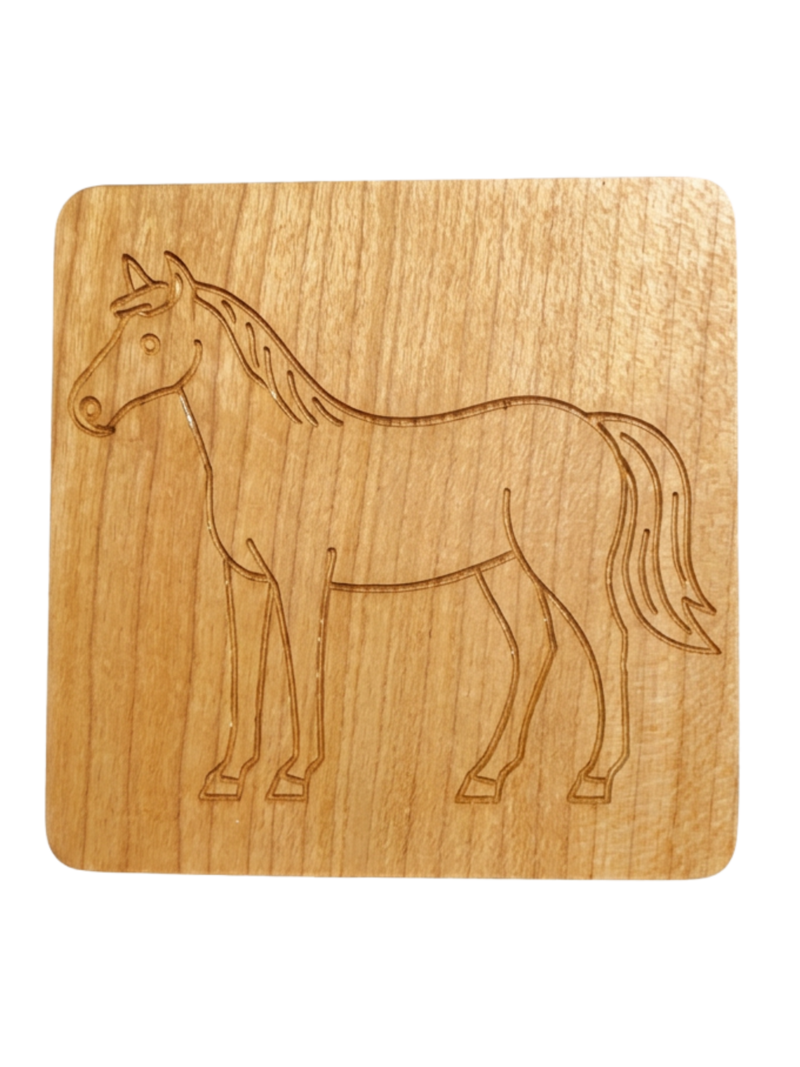 Wooden coaster with horse engraving on a white background
