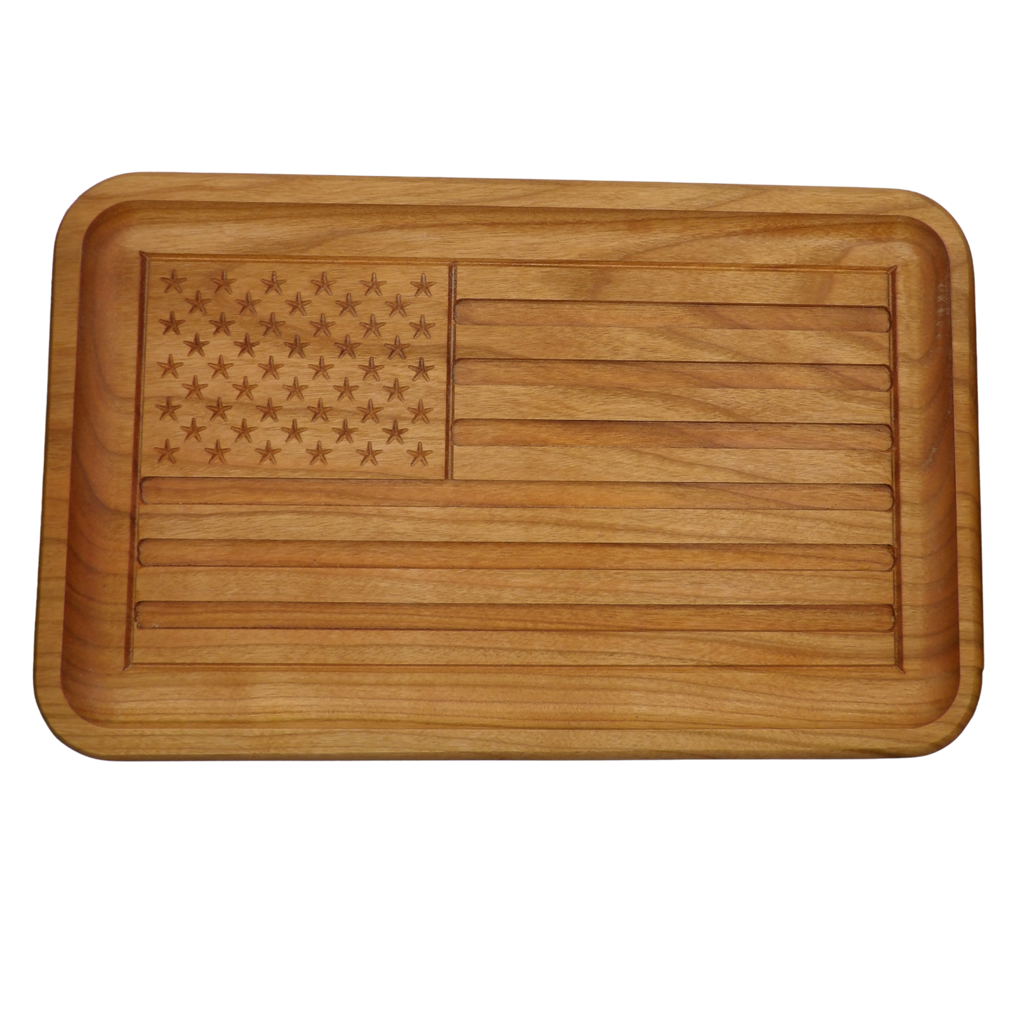 A rectangular wooden serving tray with rounded corners, featuring an engraved American flag design on the top surface. The tray has a warm medium-brown wood grain and a raised rim, shown against a plain white background.