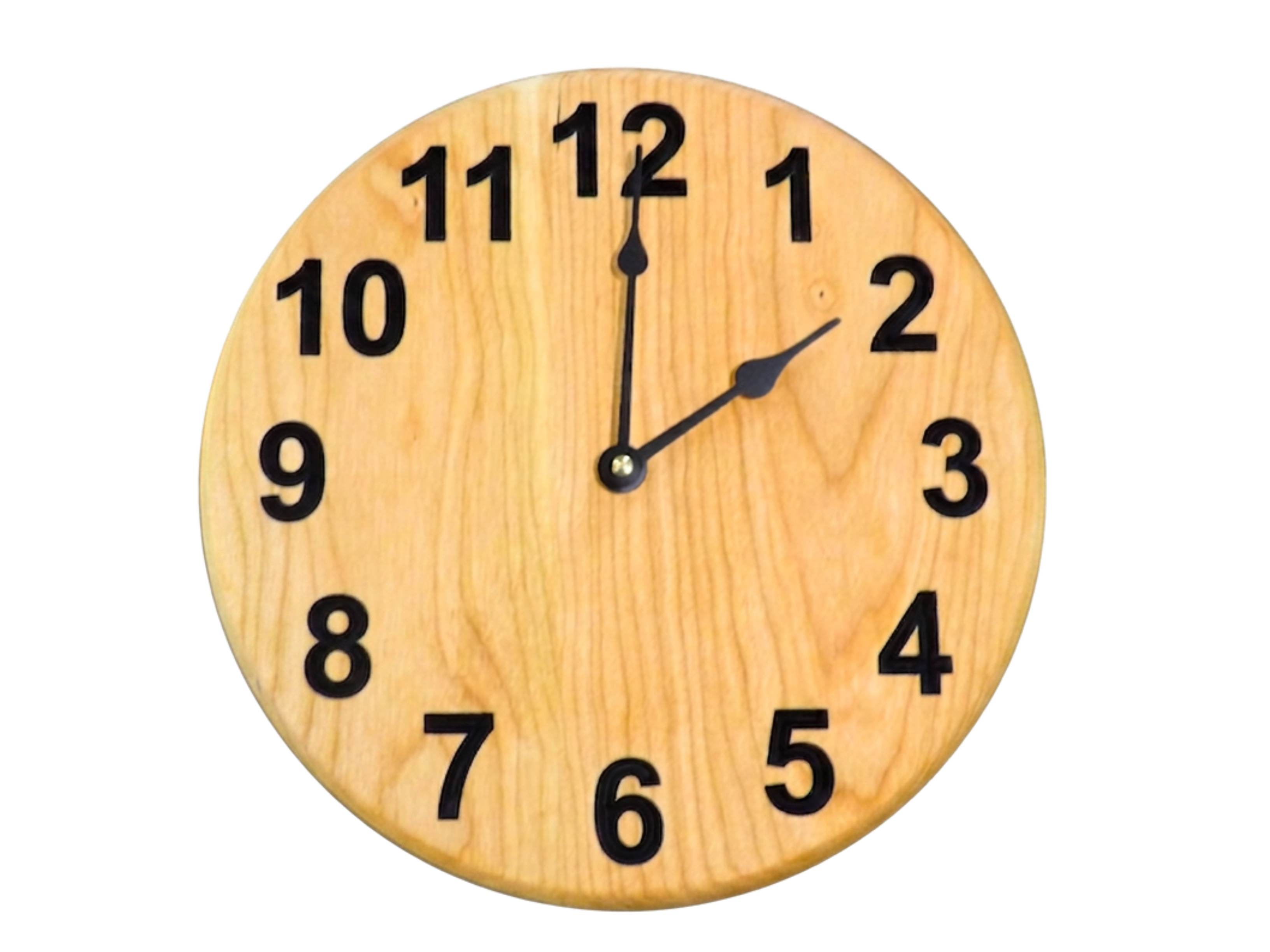 cherry wooden wall clock with black carved numbers and spade 