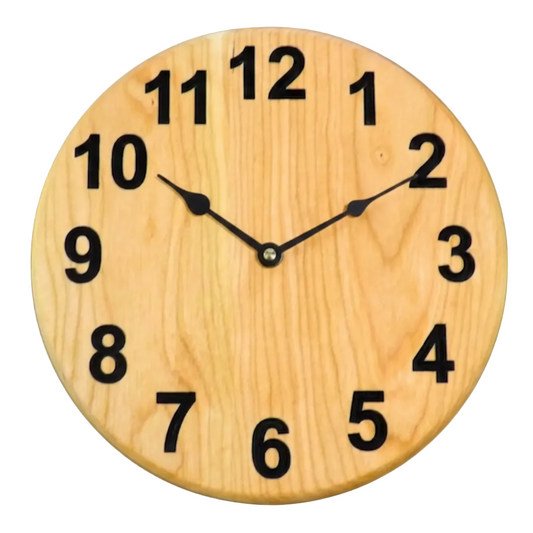 cherry wooden wall clock with black carved numbers and spade 