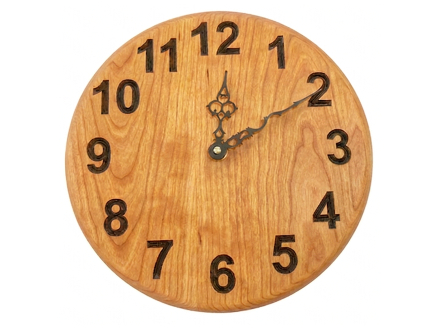 cherry wooden wall clock with carved black numbers and serpentine hands