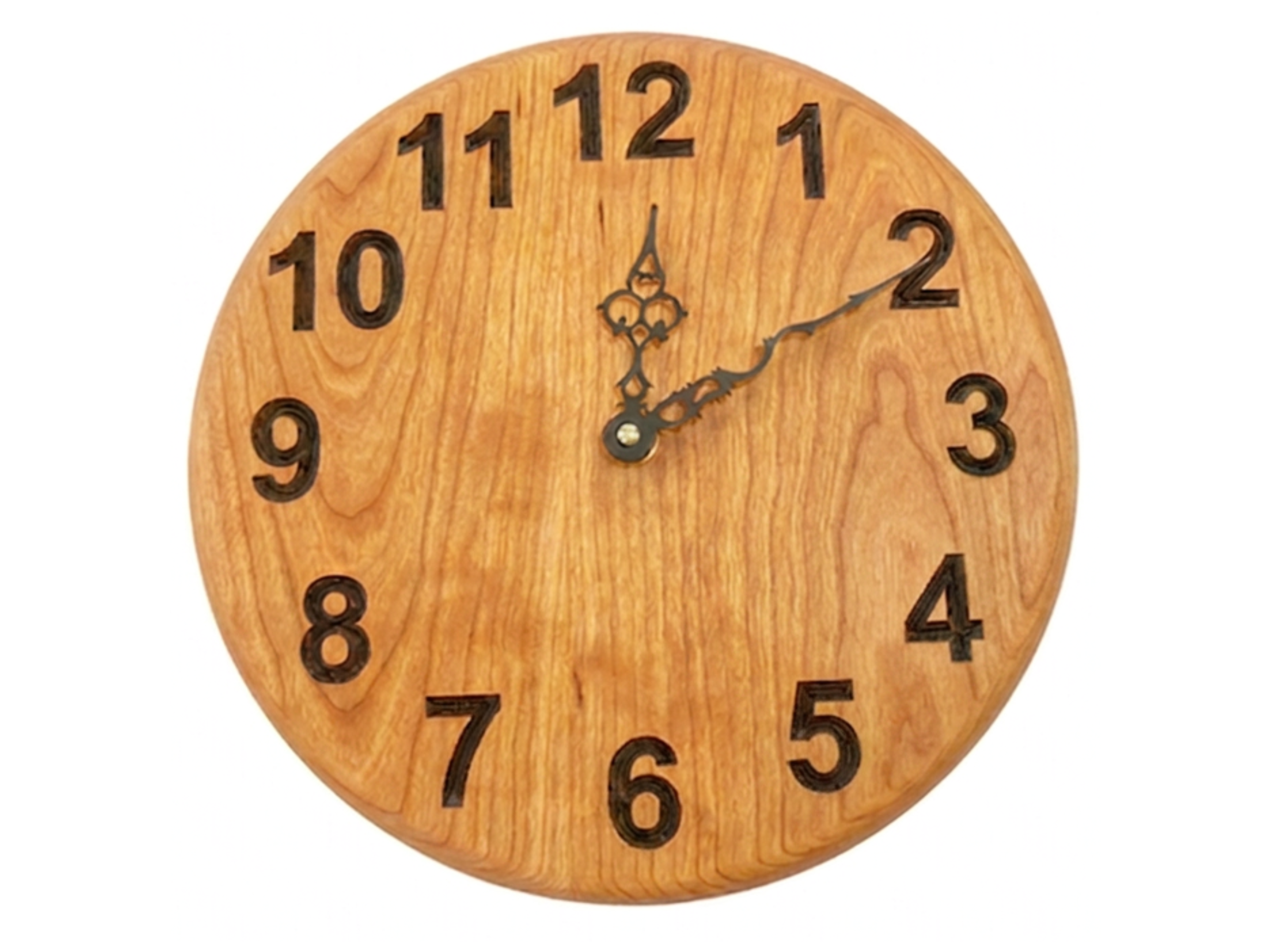 cherry wooden wall clock with carved black numbers and serpentine hands