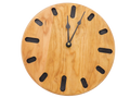 round cherry wooden wall clock with black oval hour markers and black spade hands