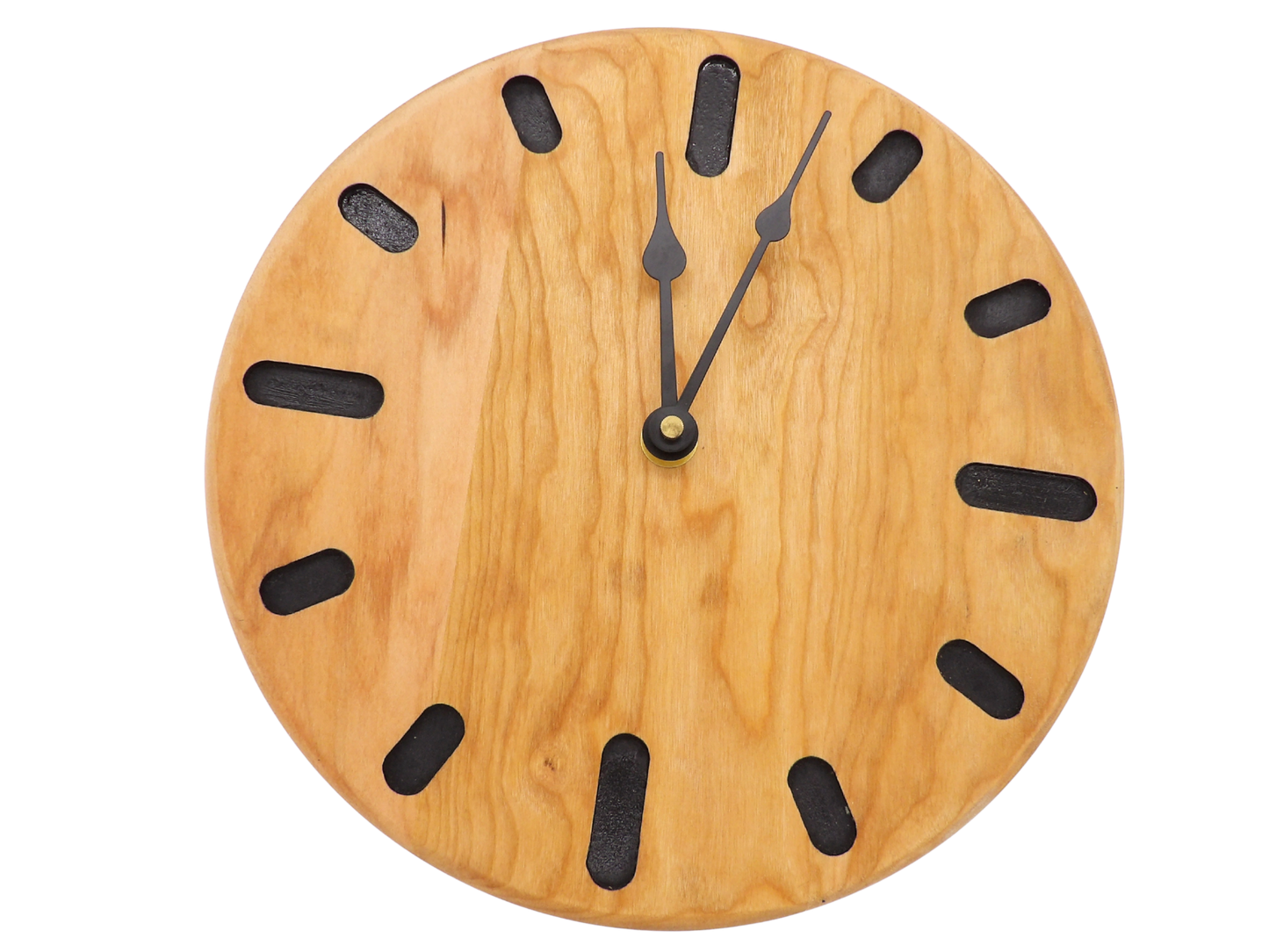 round cherry wooden wall clock with black oval hour markers and black spade hands
