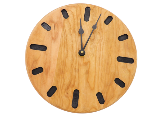 round cherry wooden wall clock with black oval hour markers and black spade hands