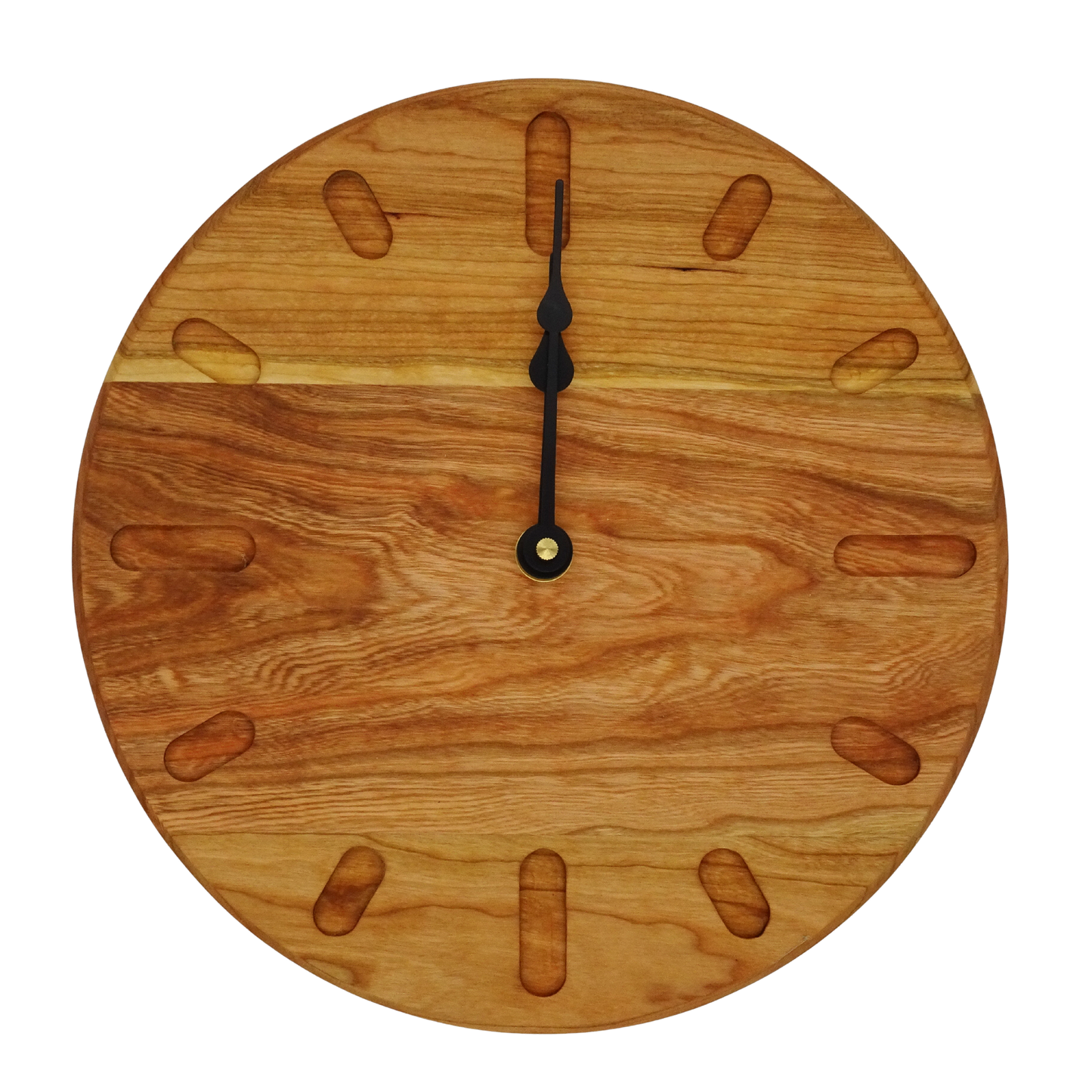 cherry wooden wall clock with black  spade hands  and oval hour markers