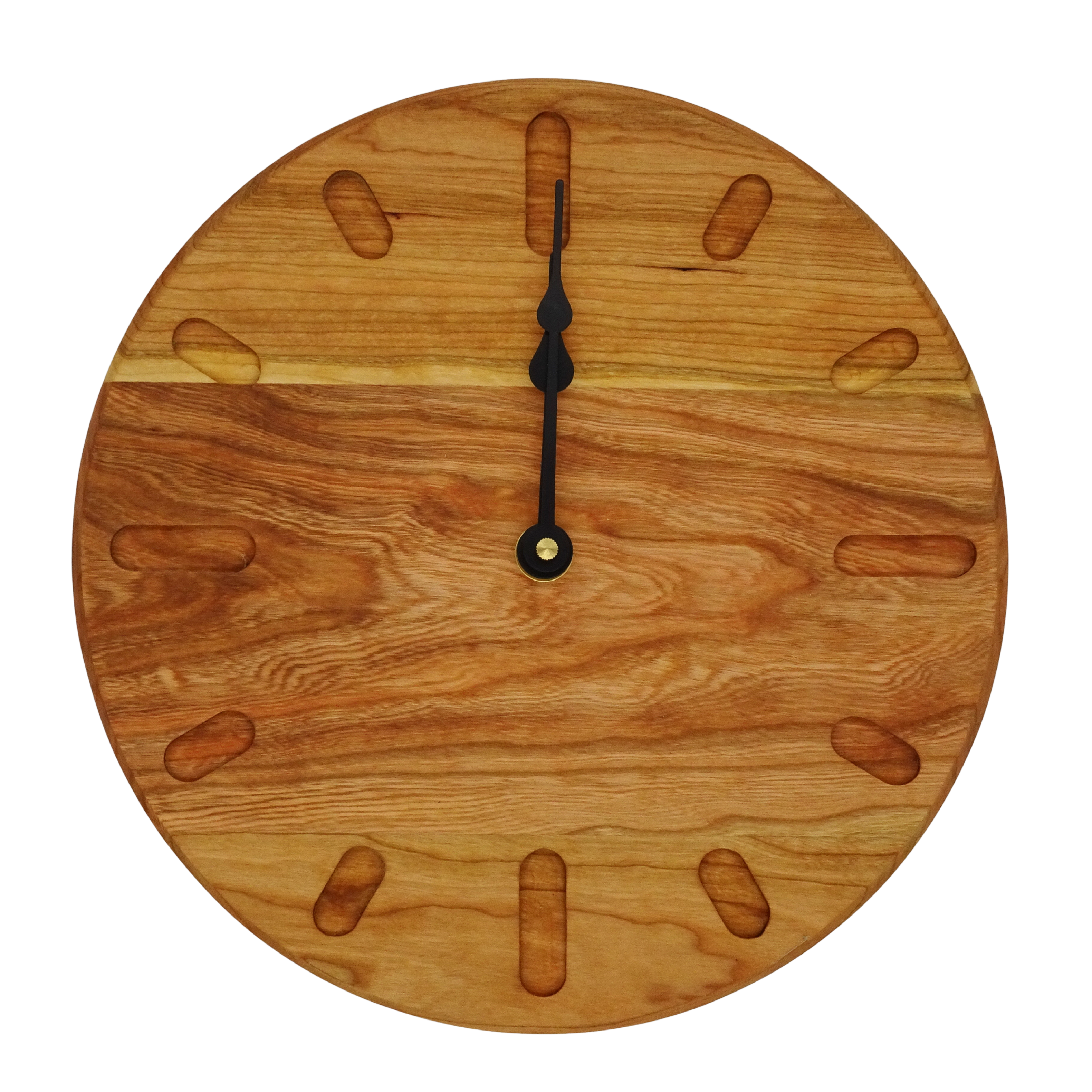 cherry wooden wall clock with black  spade hands  and oval hour markers