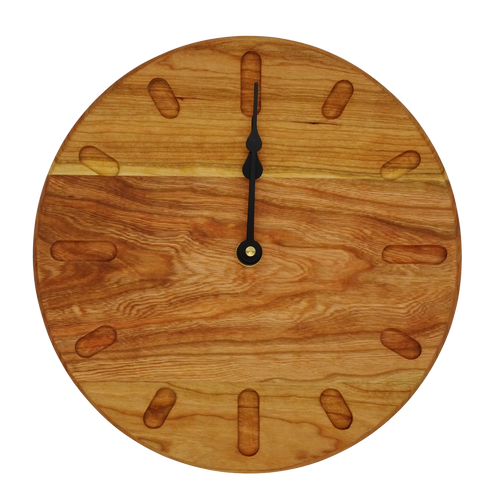 cherry wooden wall clock with black  spade hands  and oval hour markers