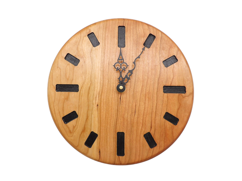 round cherry Wooden wall clock with black rectangle hour markers and serpentine hands