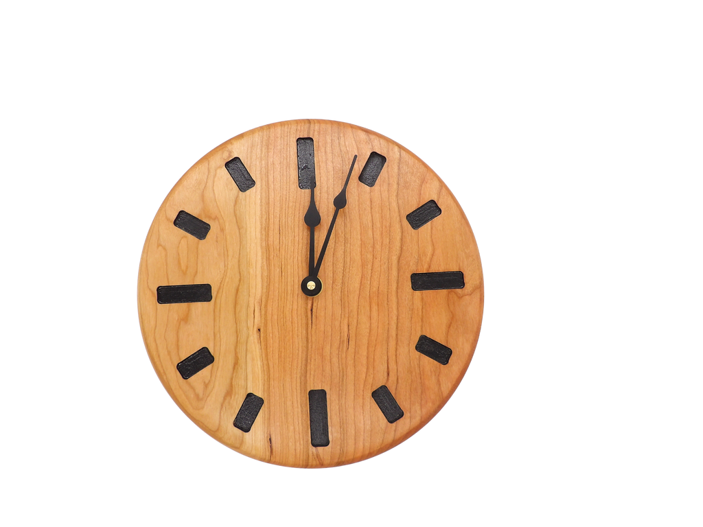 cherry Wooden wall clock with black hour markers and spade hands