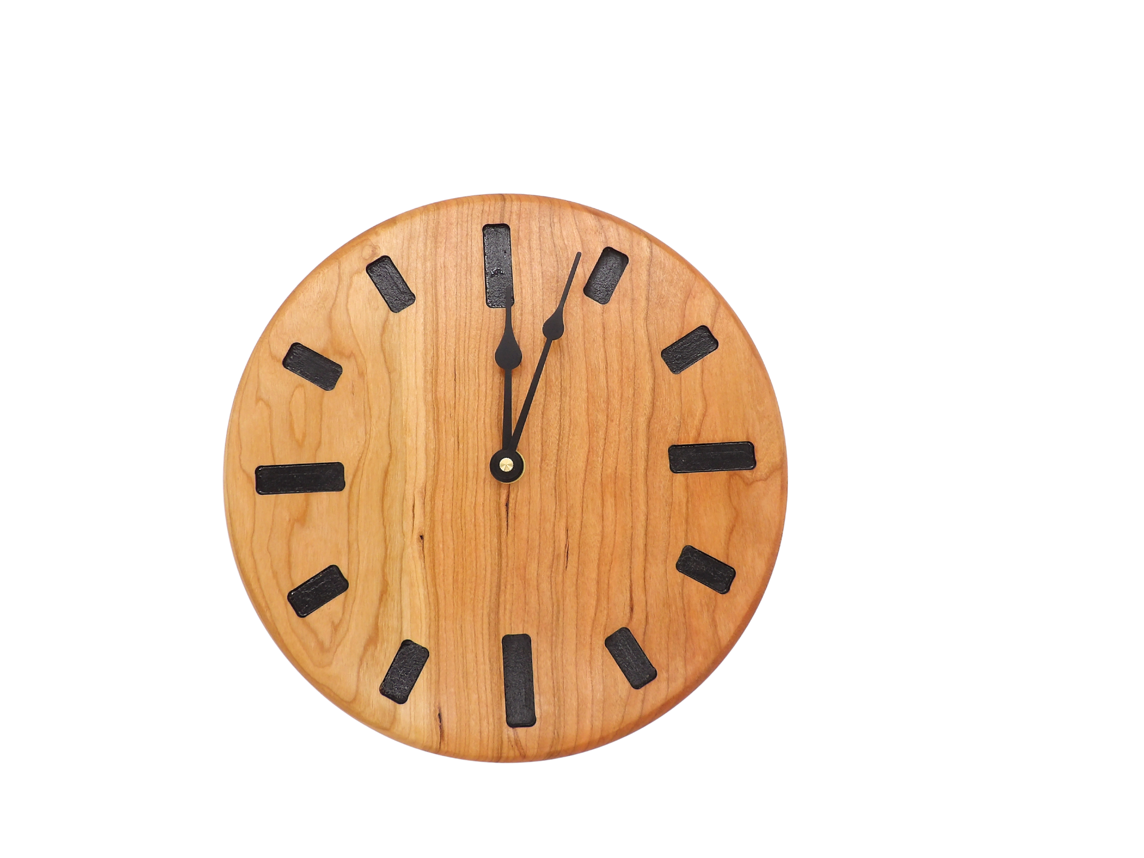 cherry Wooden wall clock with black hour markers and spade hands