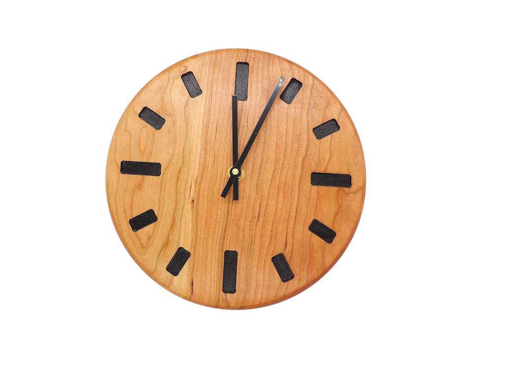 cherry Wooden wall clock with black rectangle hour markers and black hands