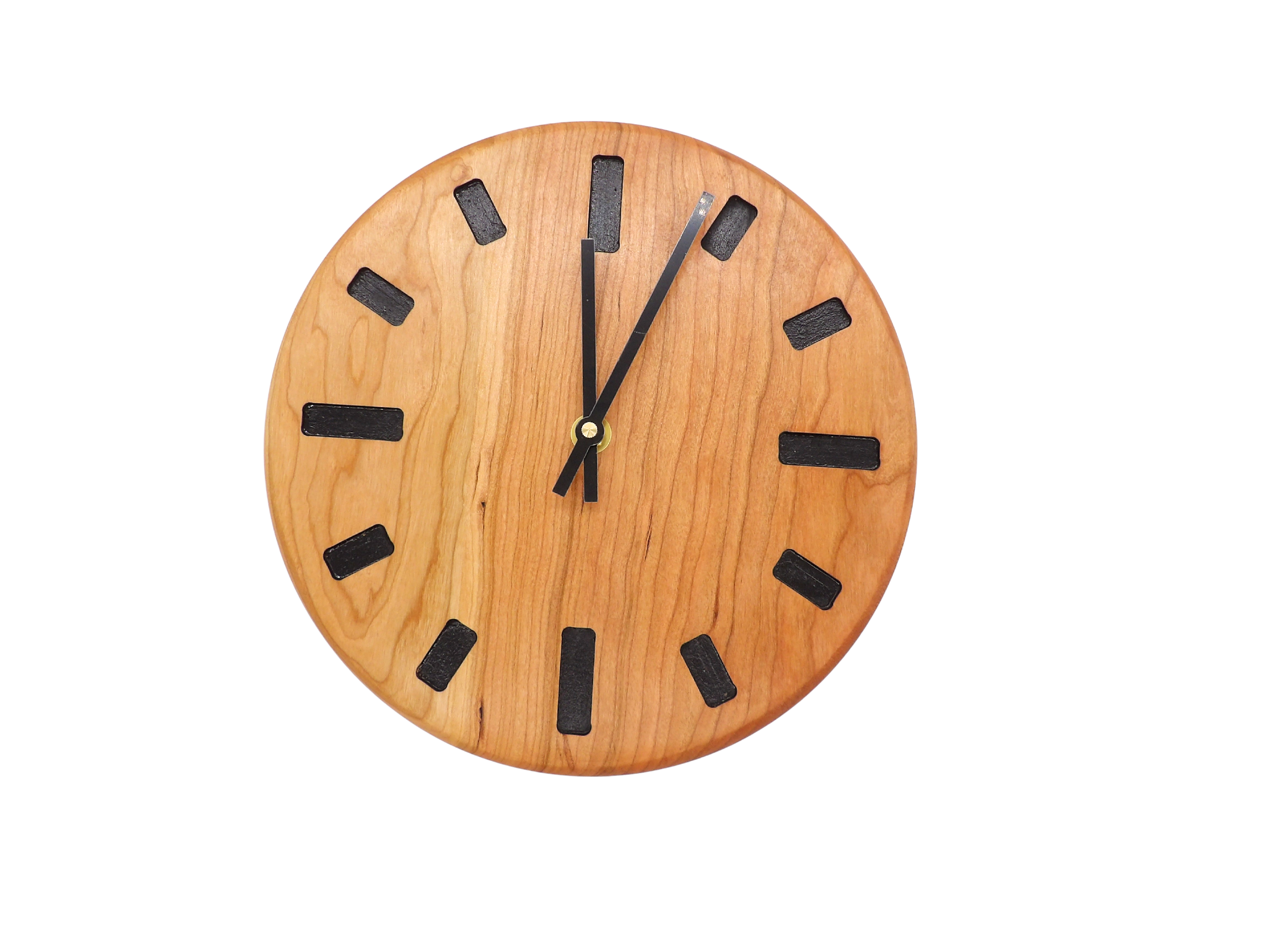 cherry Wooden wall clock with black rectangle hour markers and black hands