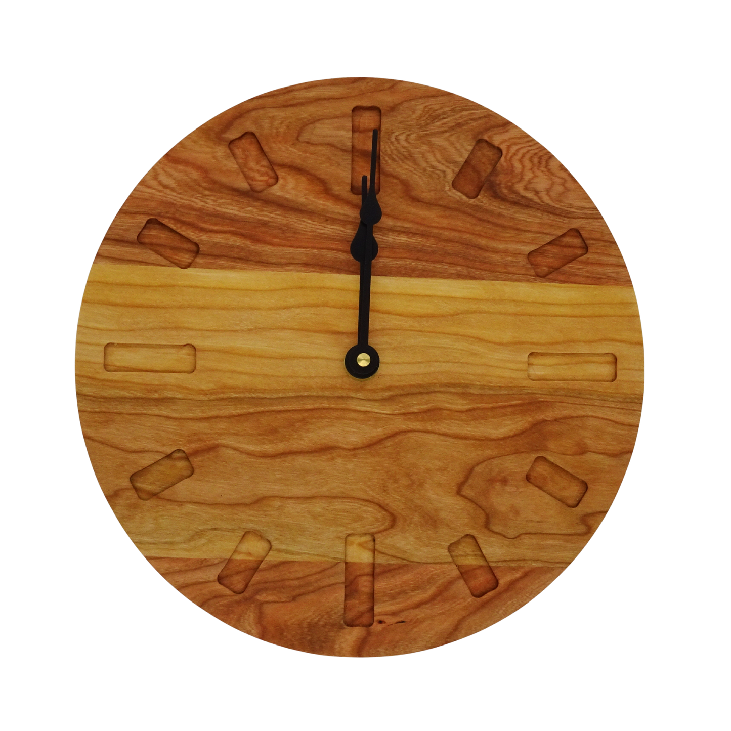 cherry wooden wall clock with spade hands and rectangle hour markers