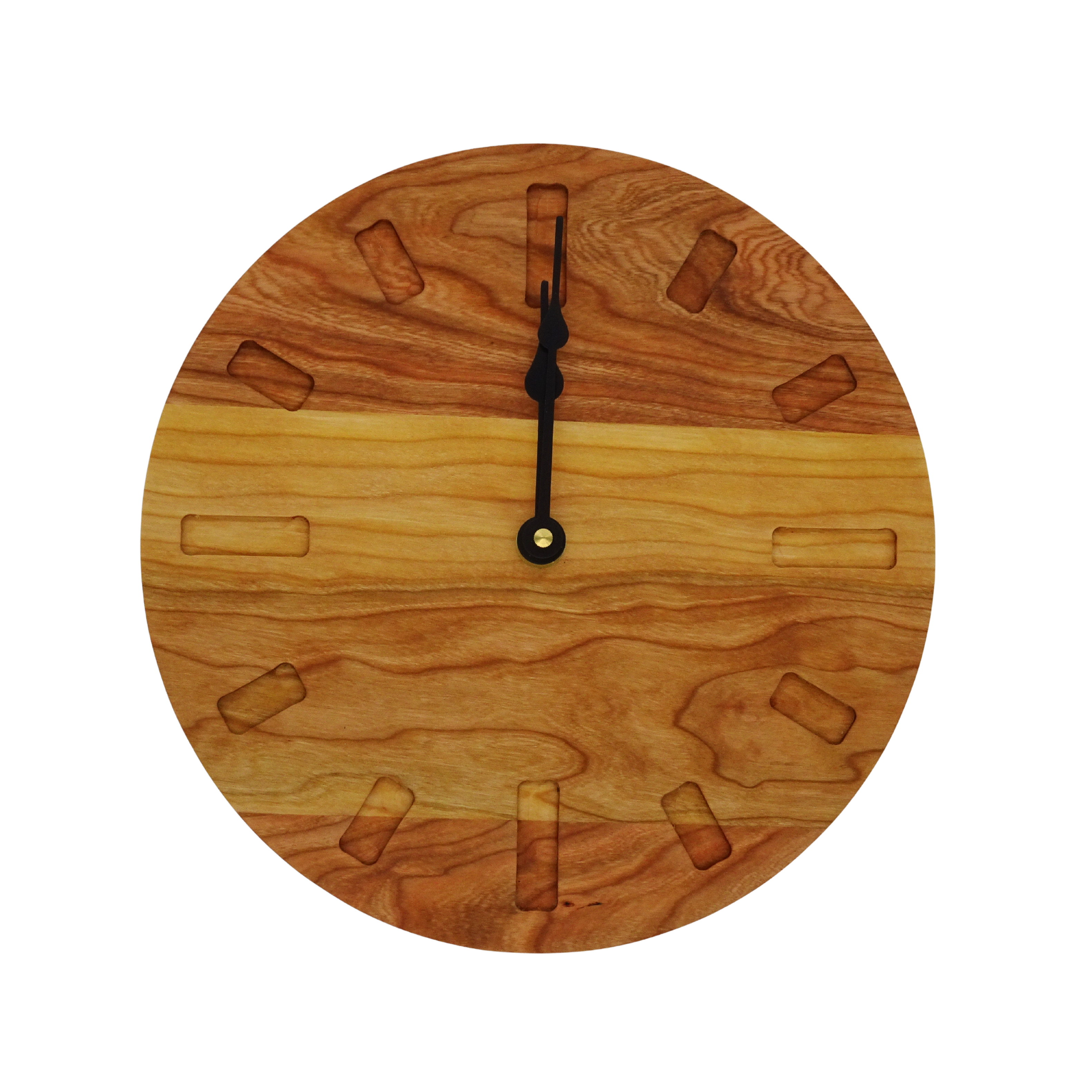 cherry wooden wall clock with spade hands and rectangle hour markers