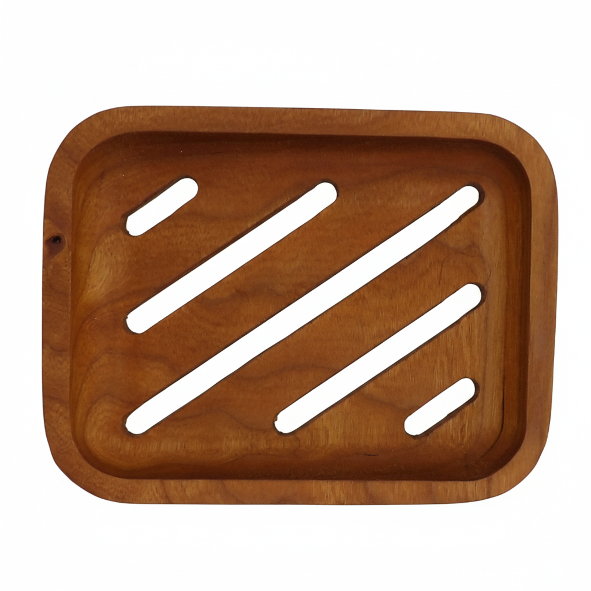 A rectangular wooden tray with rounded corners and five diagonal cutouts, shown from a top-down view on a white background.