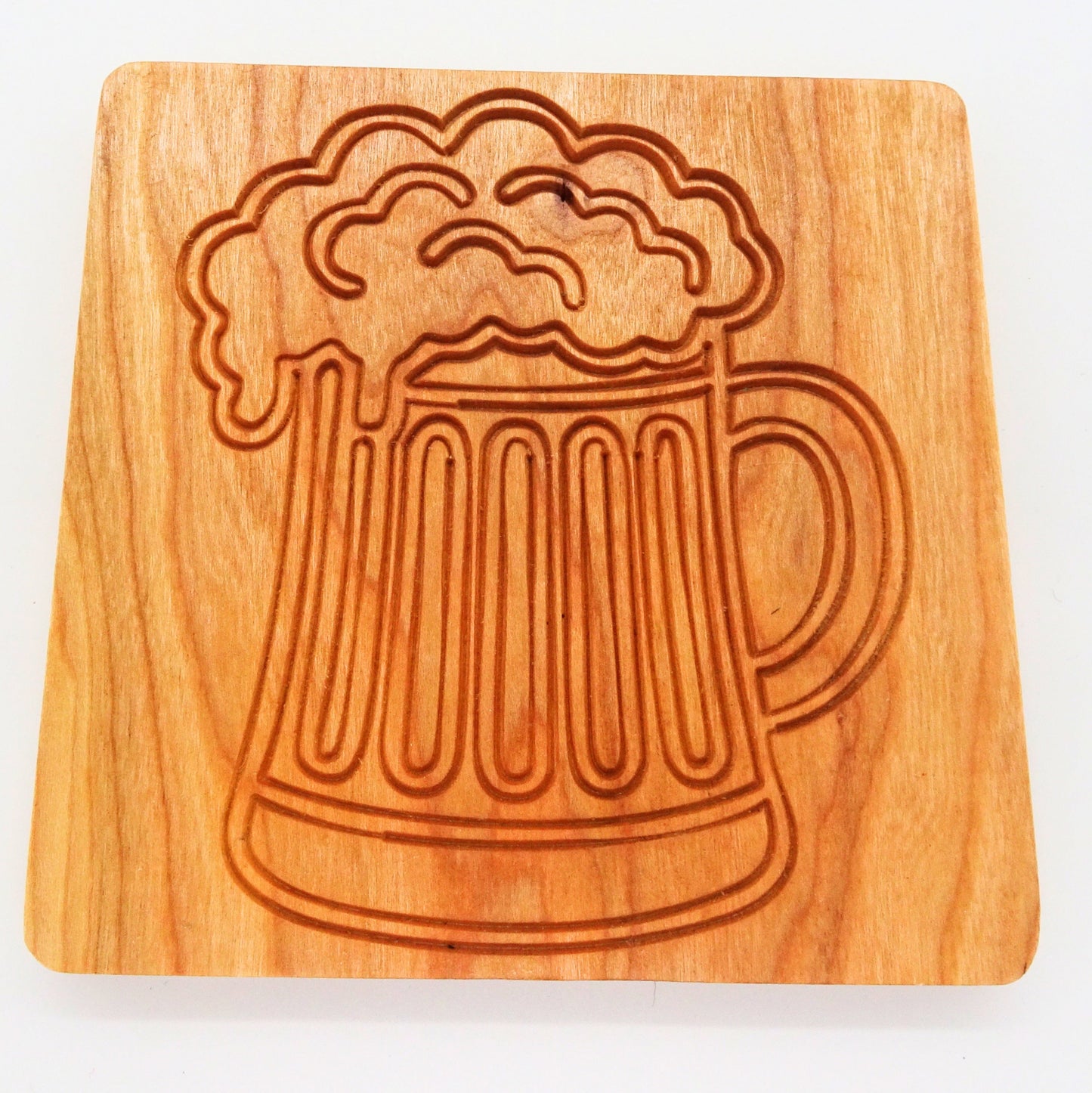 square cherry wooden coaster with a engraved  beer mug 