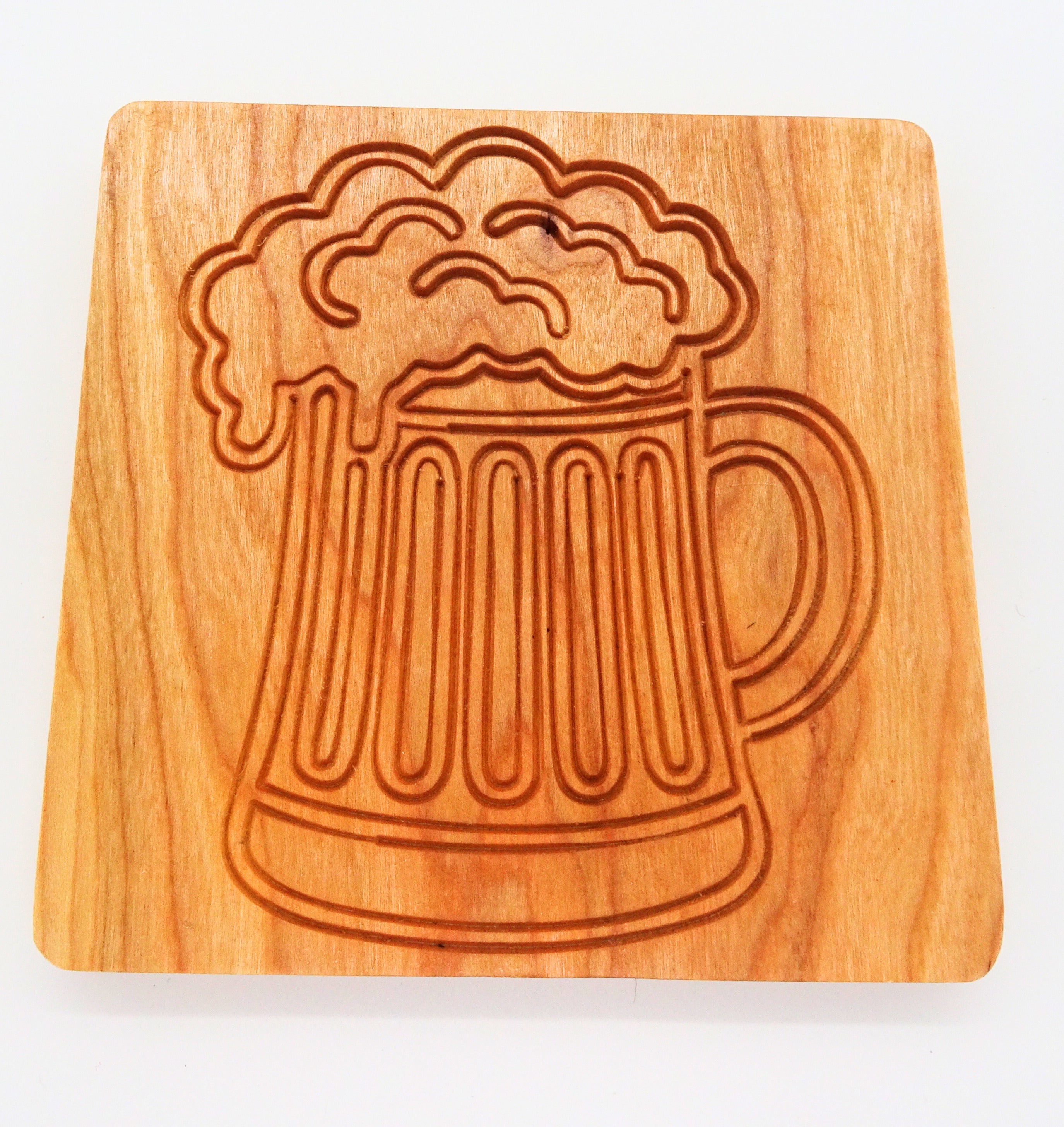 square cherry wooden coaster with a engraved  beer mug 