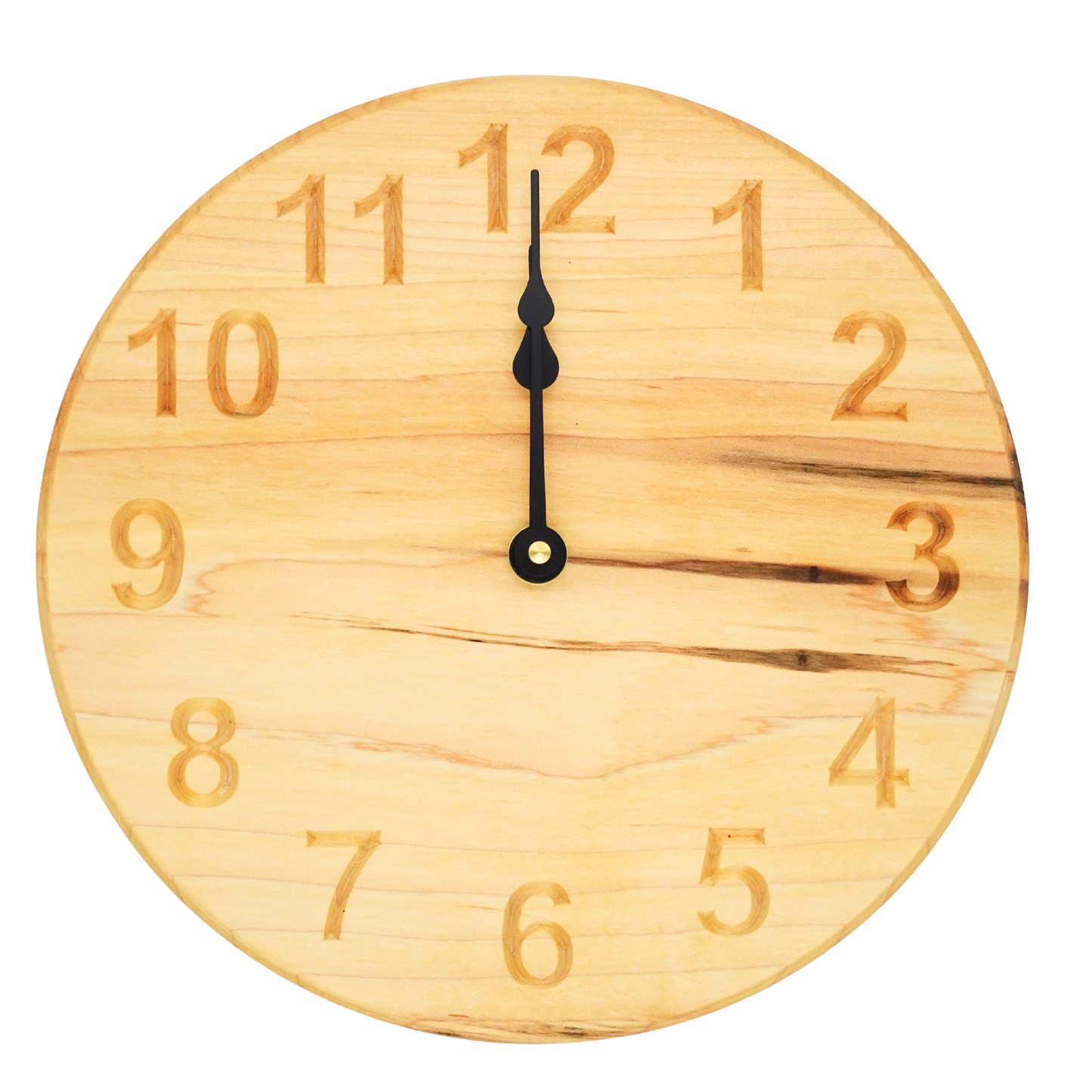 round maple wooden wall clock with black spade hands and carved numbers