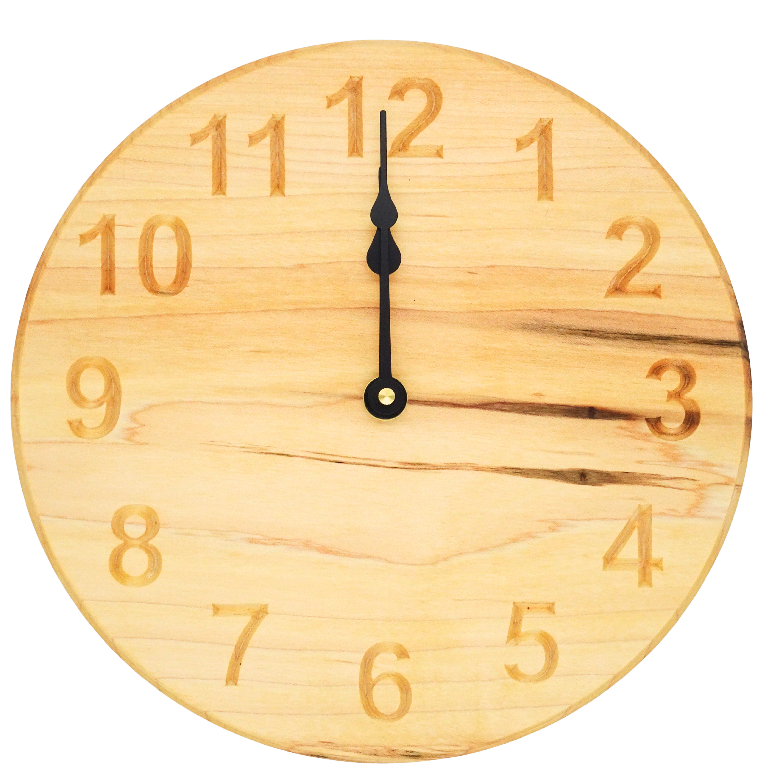 round maple wooden wall clock with black spade hands and carved numbers