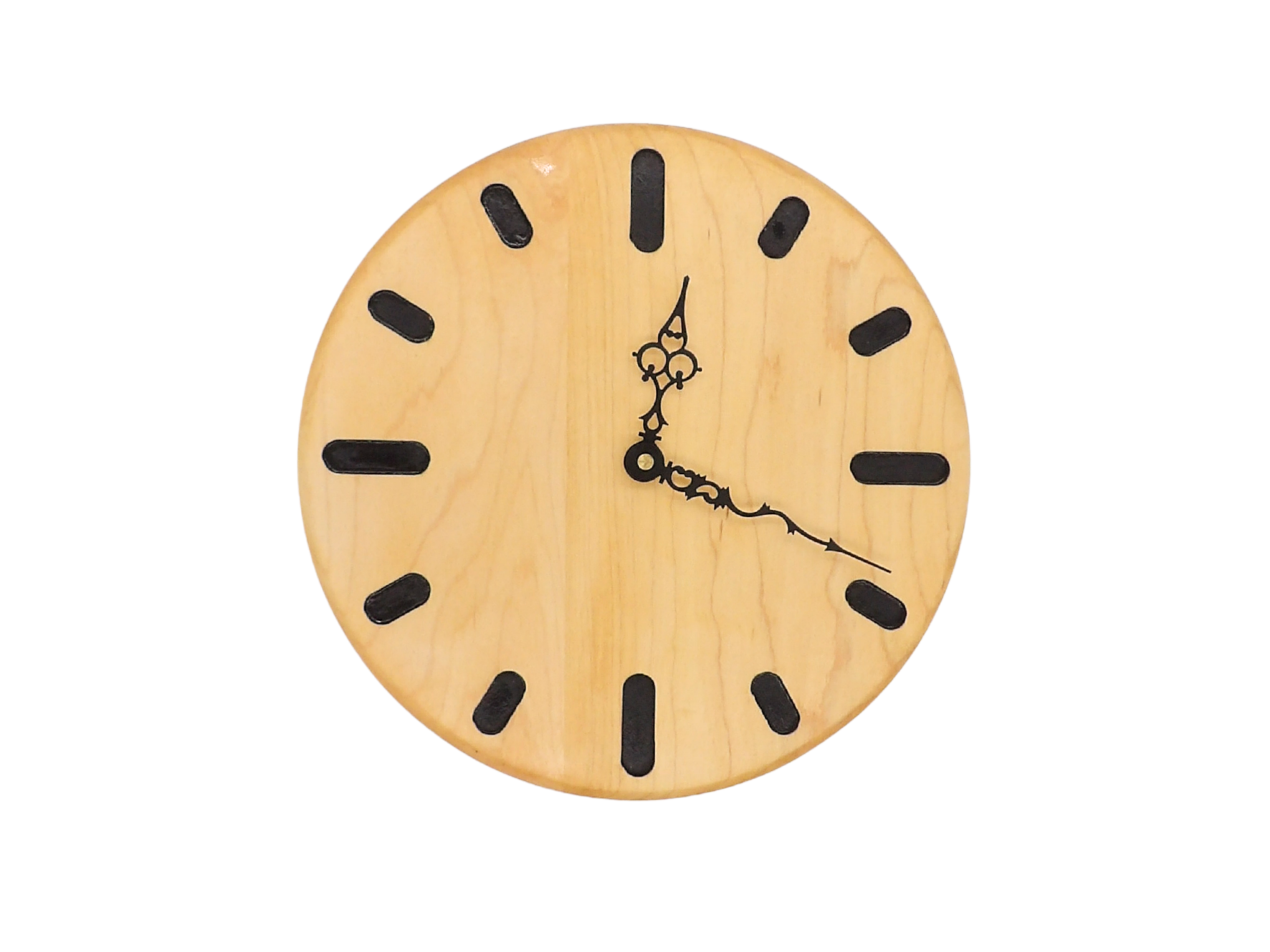 Round Maple Wooden wall clock with black oval hour markers and black serpentine hands