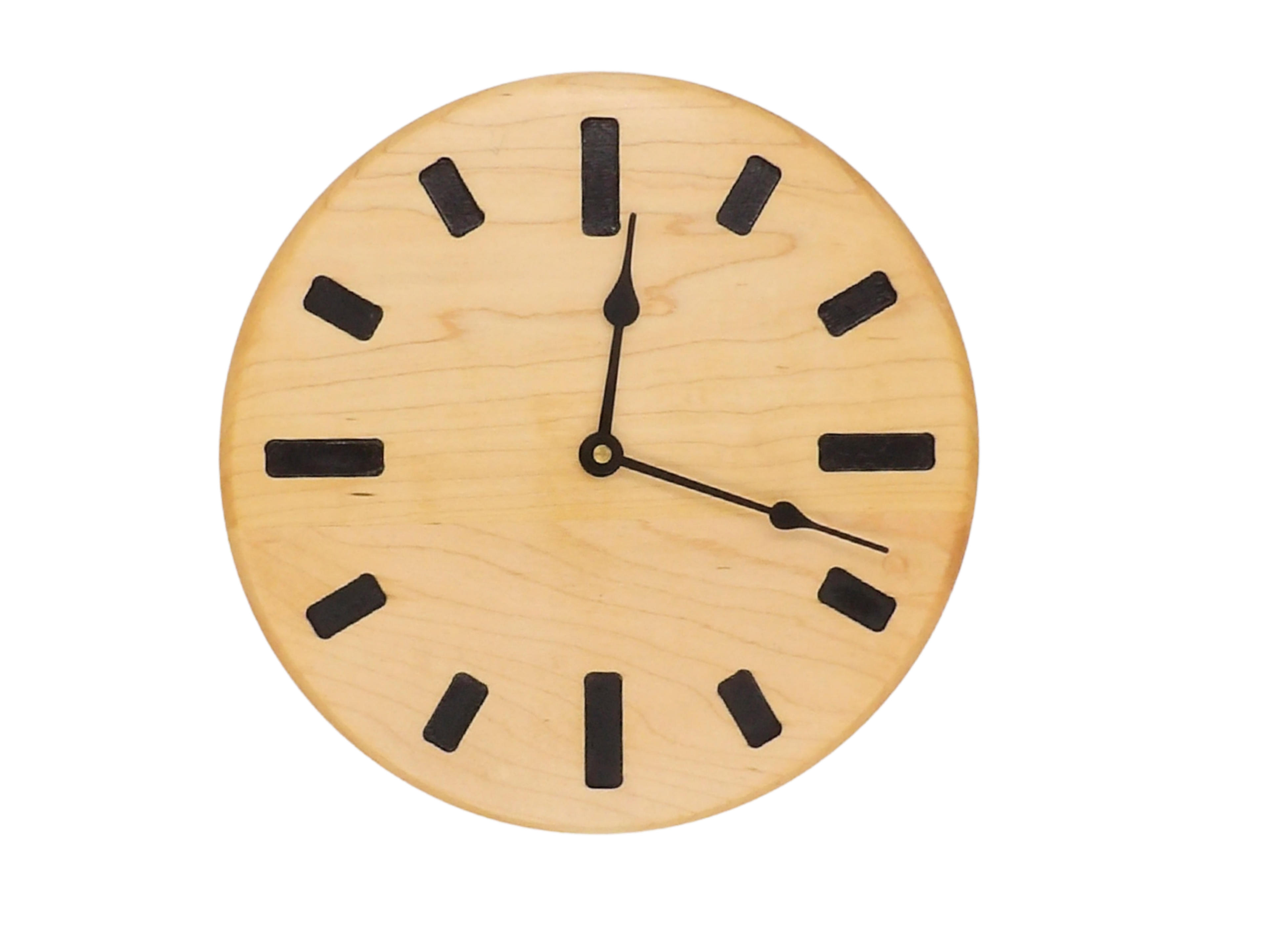 round maple Wooden clock with black  rectangle hour markers  and black spade hands