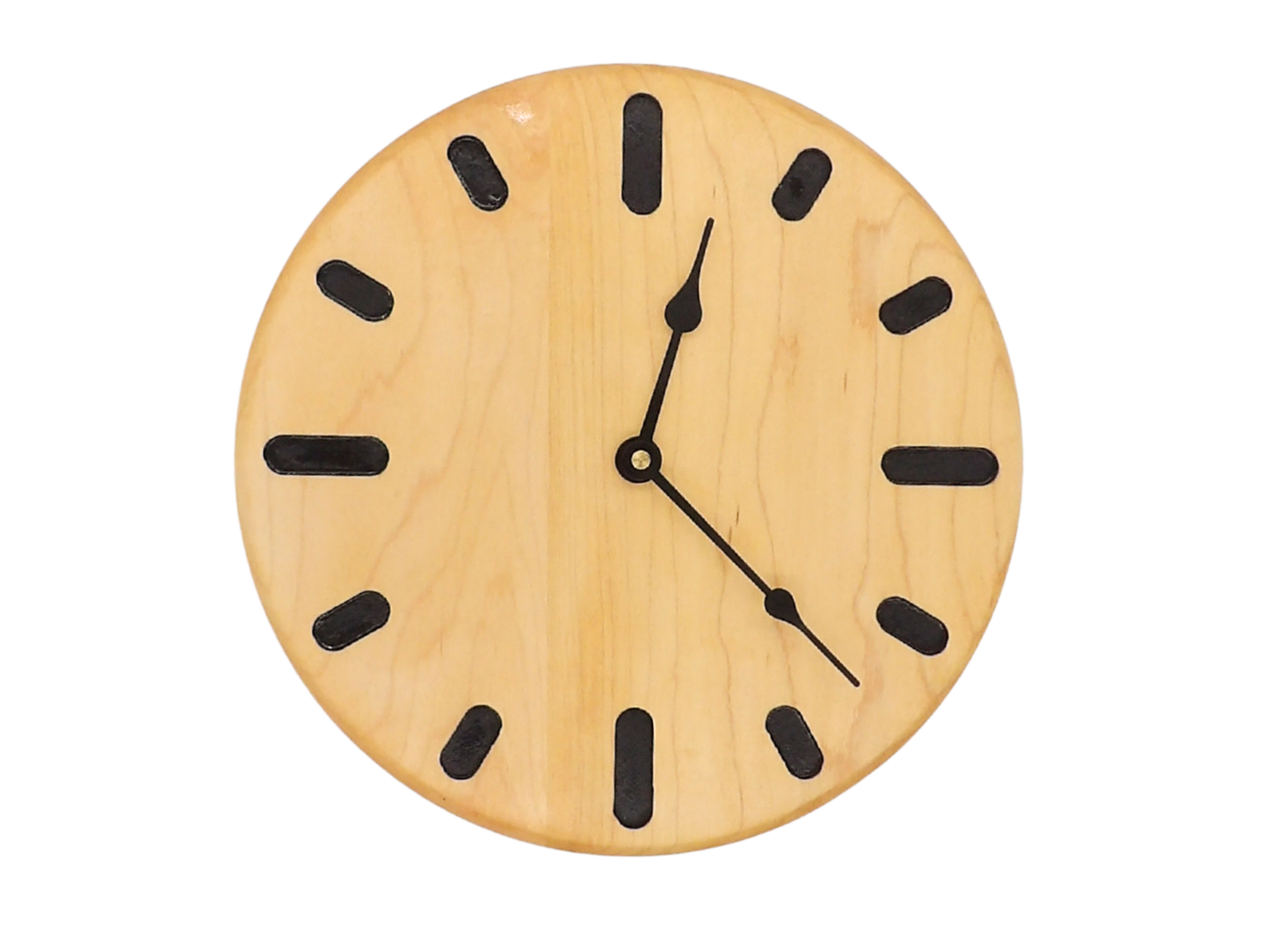 round maple Wooden clock with black oval hour markers and spade hands