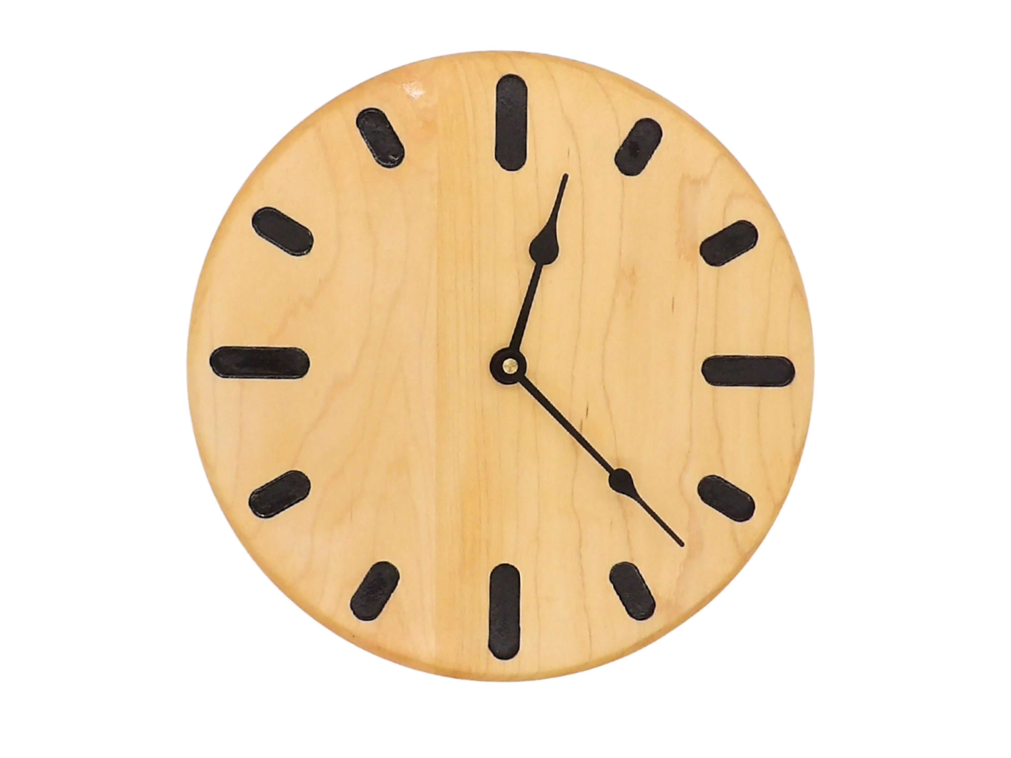 round maple Wooden clock with black oval hour markers and spade hands