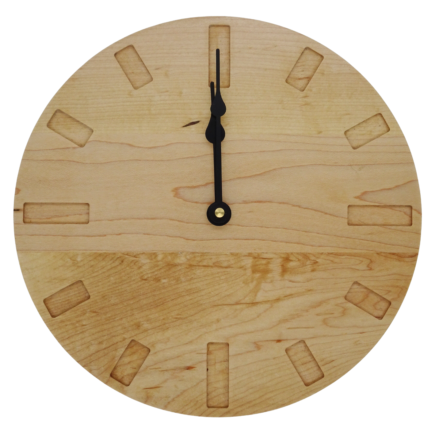 maple wooden wall clock with black spade hands and rectangle markers