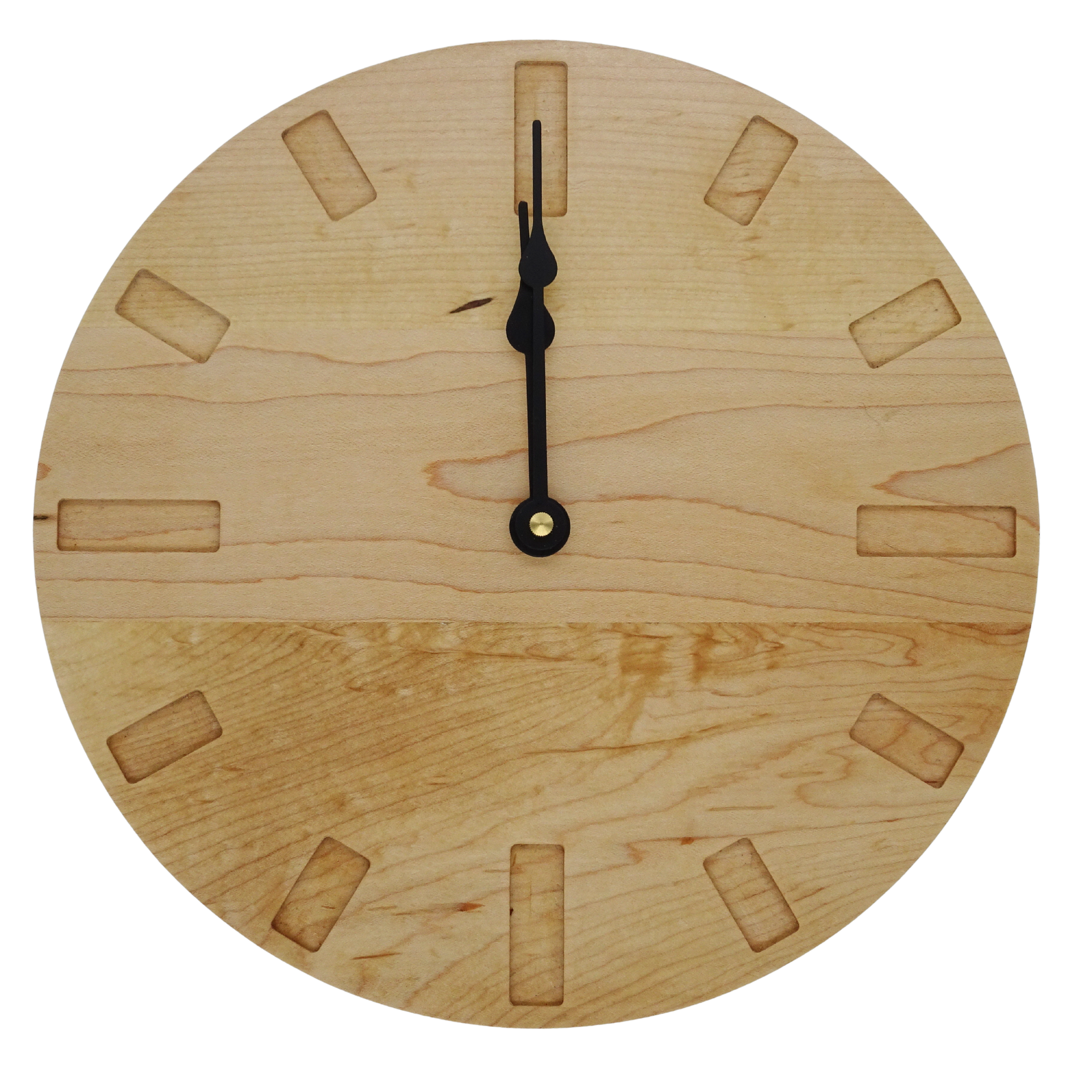 maple wooden wall clock with black spade hands and rectangle markers