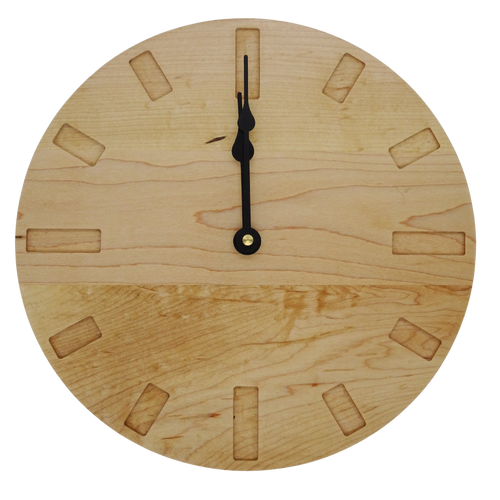 maple wooden wall clock with black spade hands and rectangle markers