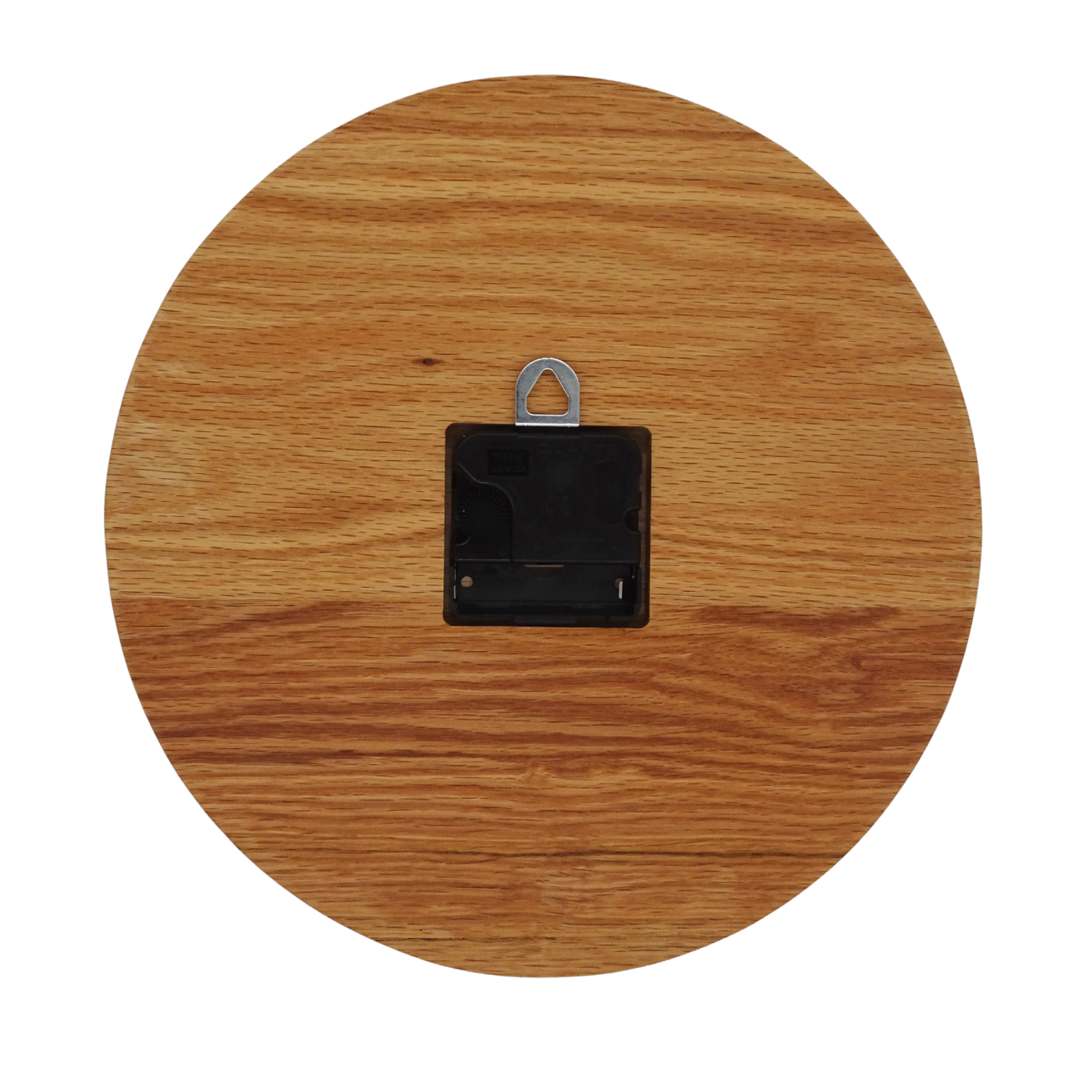 round oak wooden wall clock with black spade hands and carved numbers