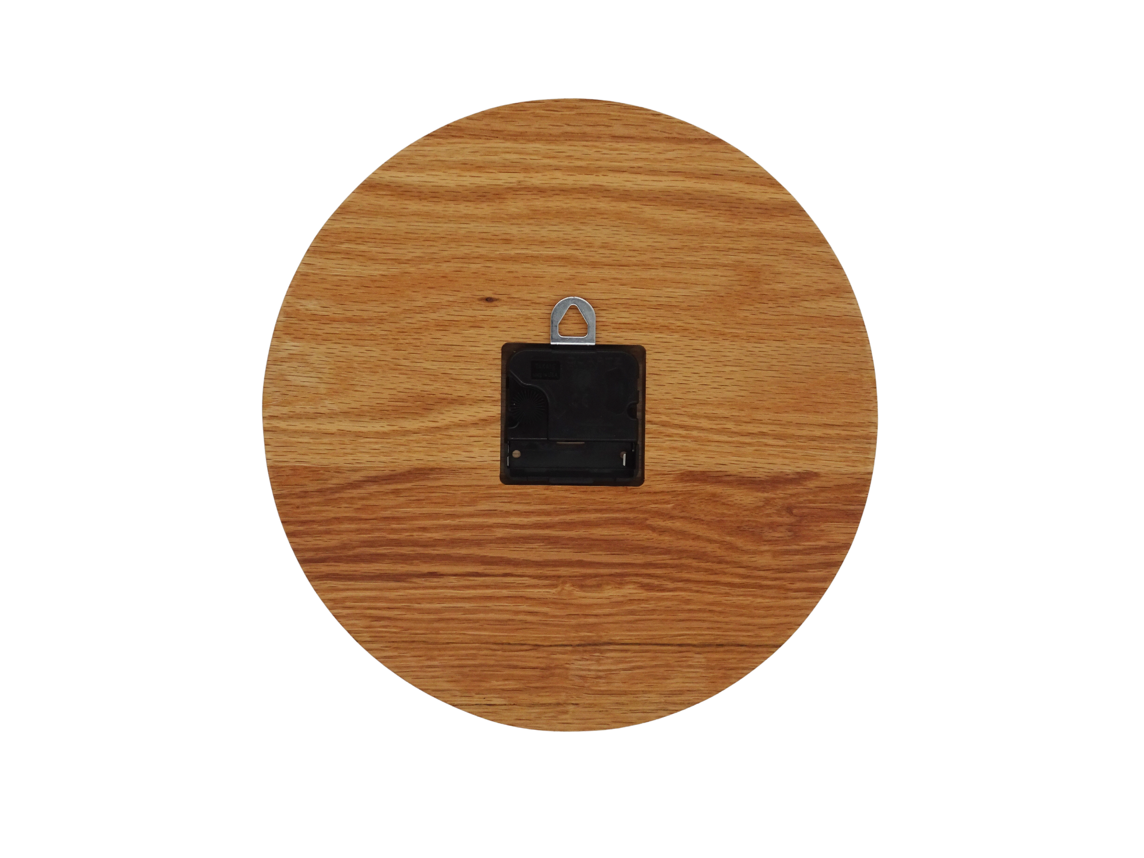 round oak wooden wall clock with black spade hands and carved numbers