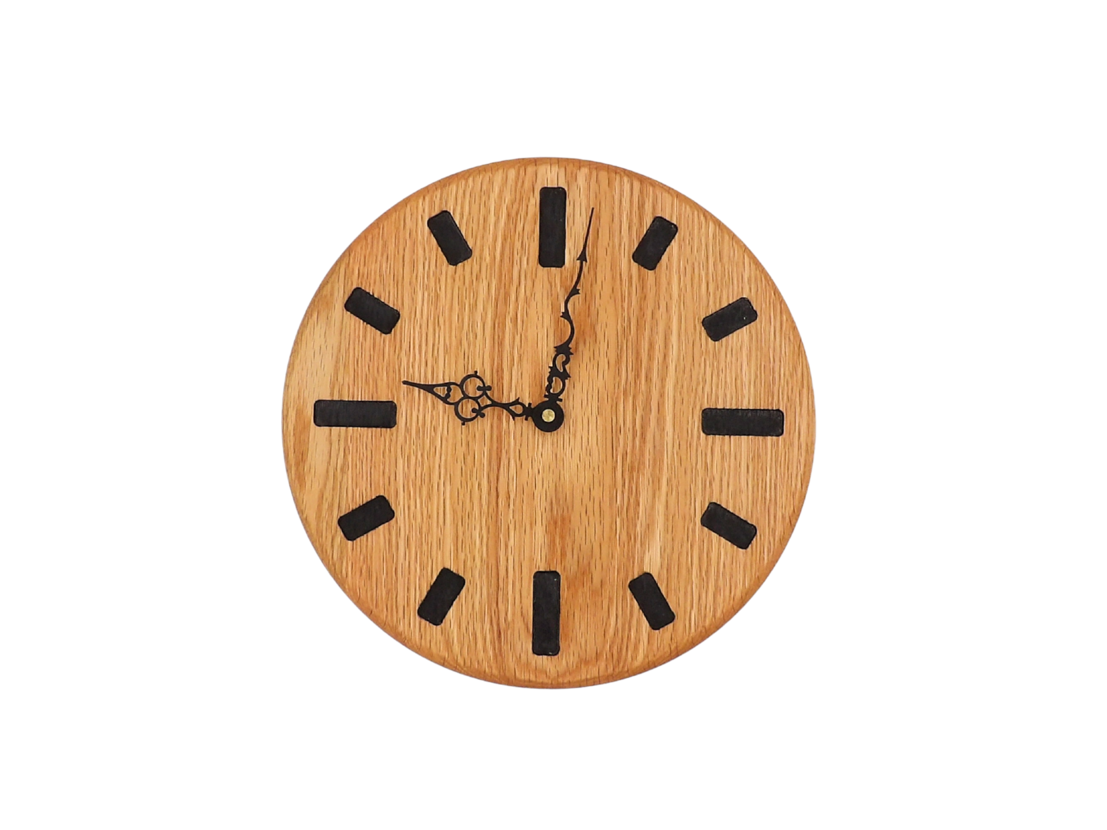 round oak Wooden clock with black rectangle hour markers and black serpentine hands