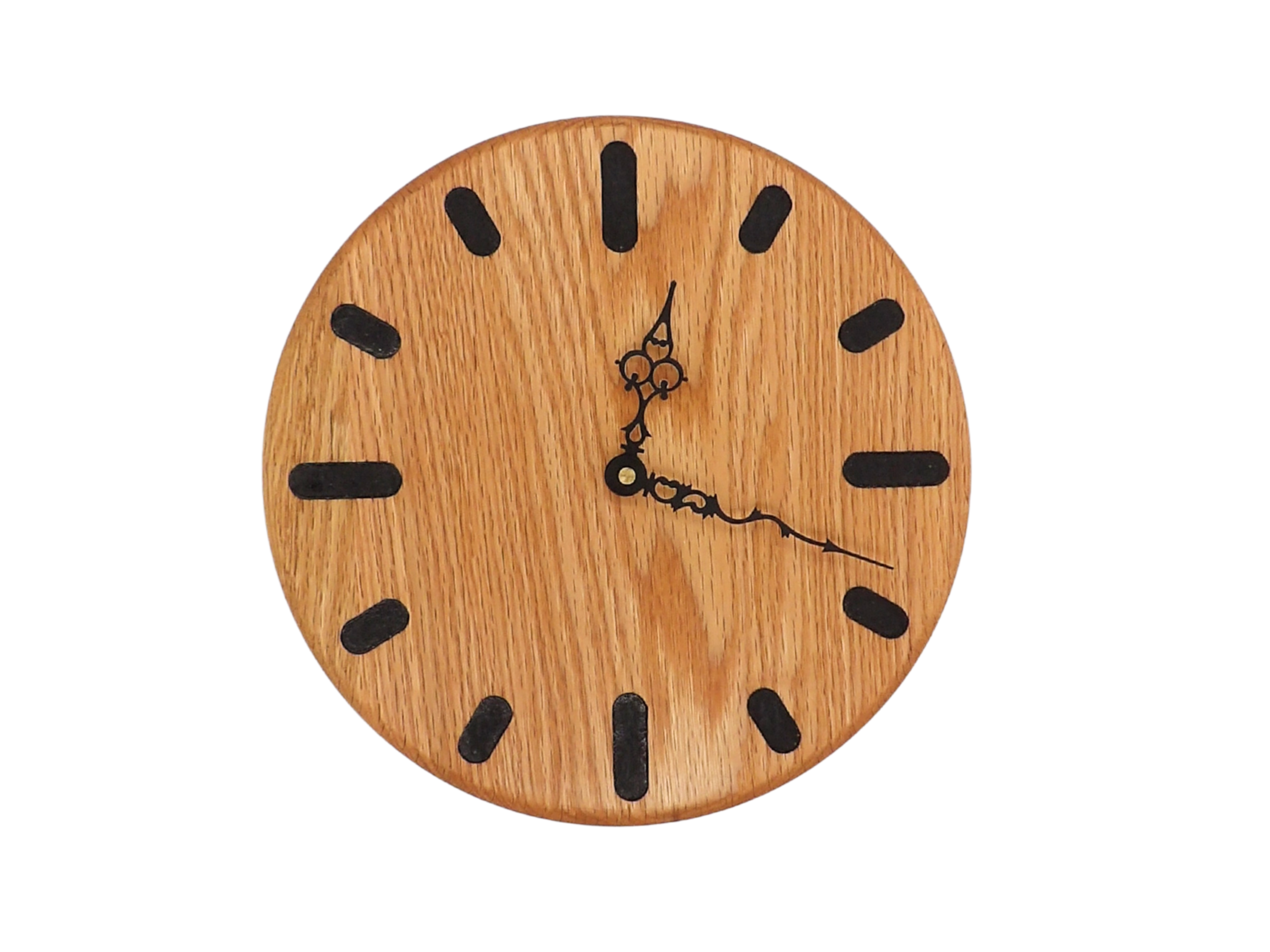 round oak Wooden wall clock with black oval hour markers and black serpentine hands