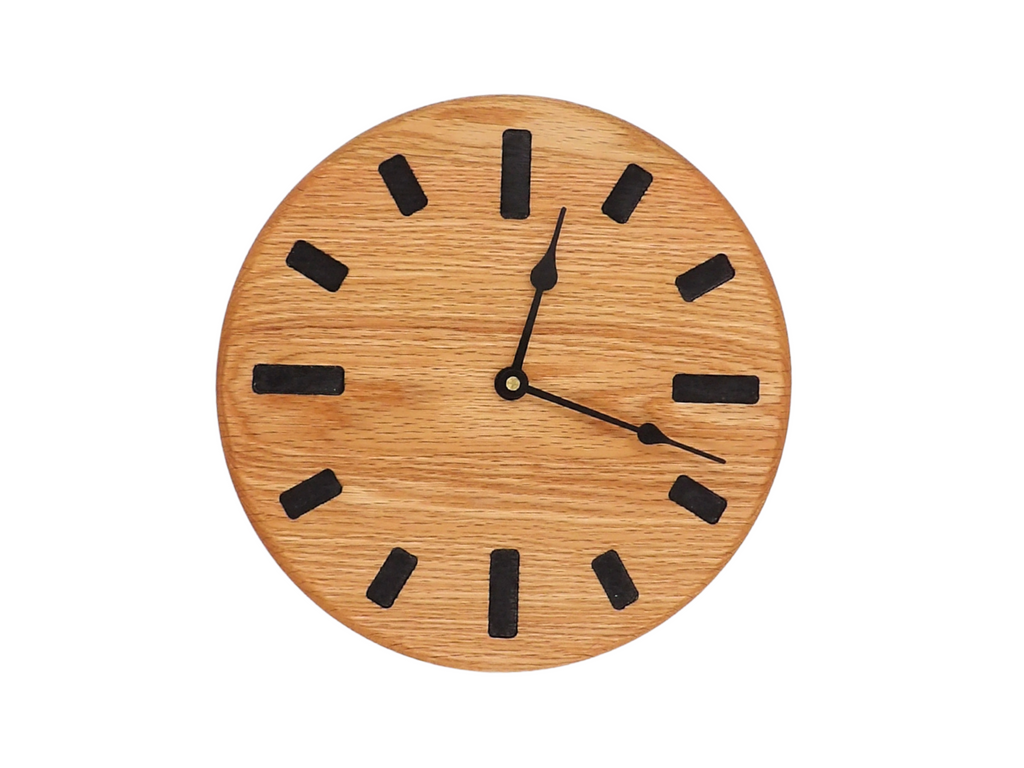 round oak Wooden clock with black rectangle hour markers and black spade hands