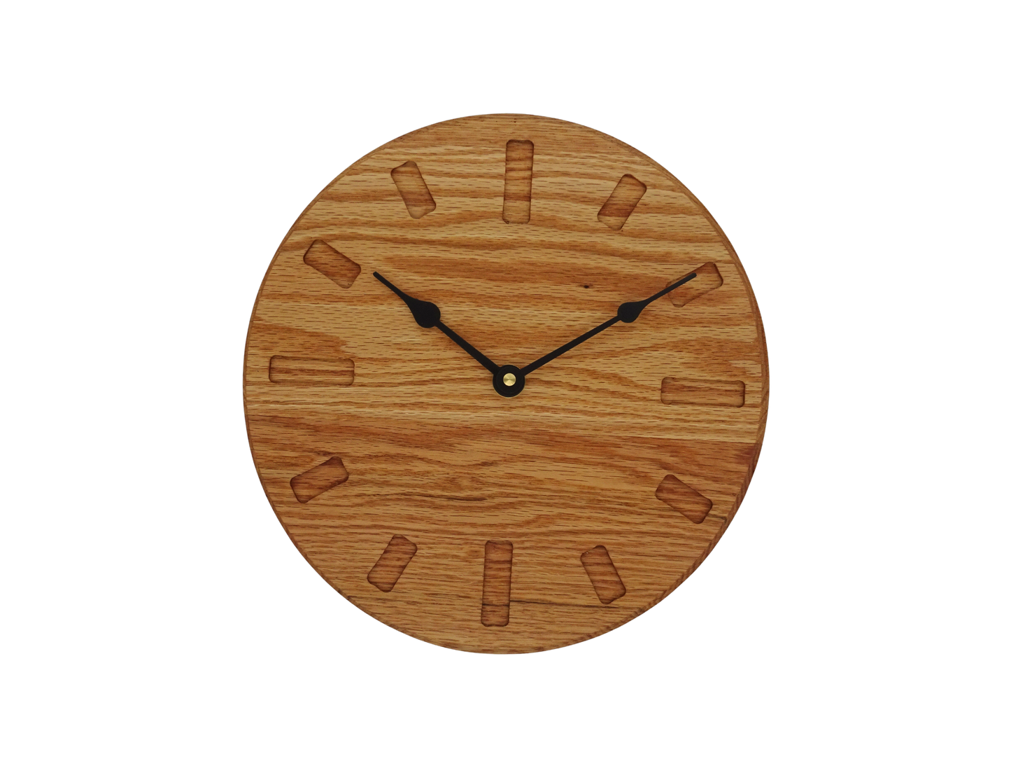 oak wooden wall clock with black spade hands and rectangle hour markers