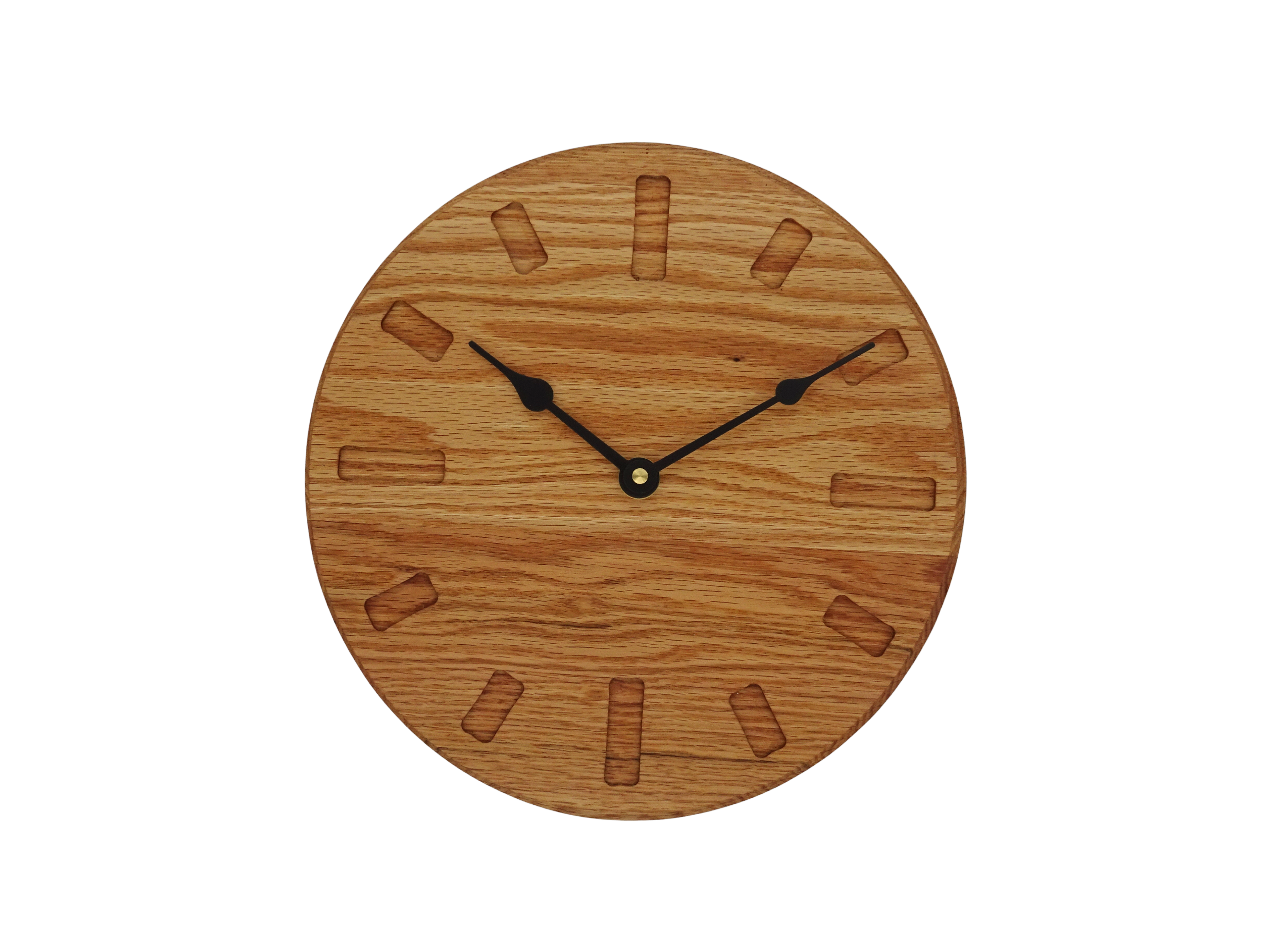 oak wooden wall clock with black spade hands and rectangle hour markers